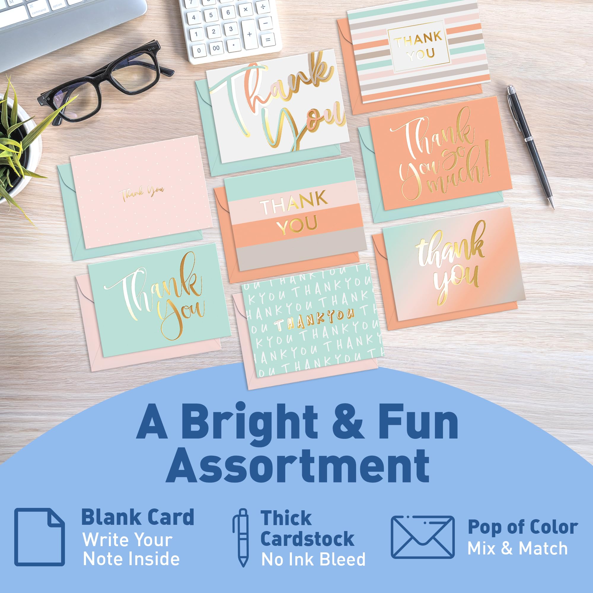 S&O - Biglietti di apprezzamento dei dipendenti con buste colorate pop, fogli decorativi in scatola per appunti scritti a mano, set di 24 biglietti di ringraziamento per il personale, biglietti di