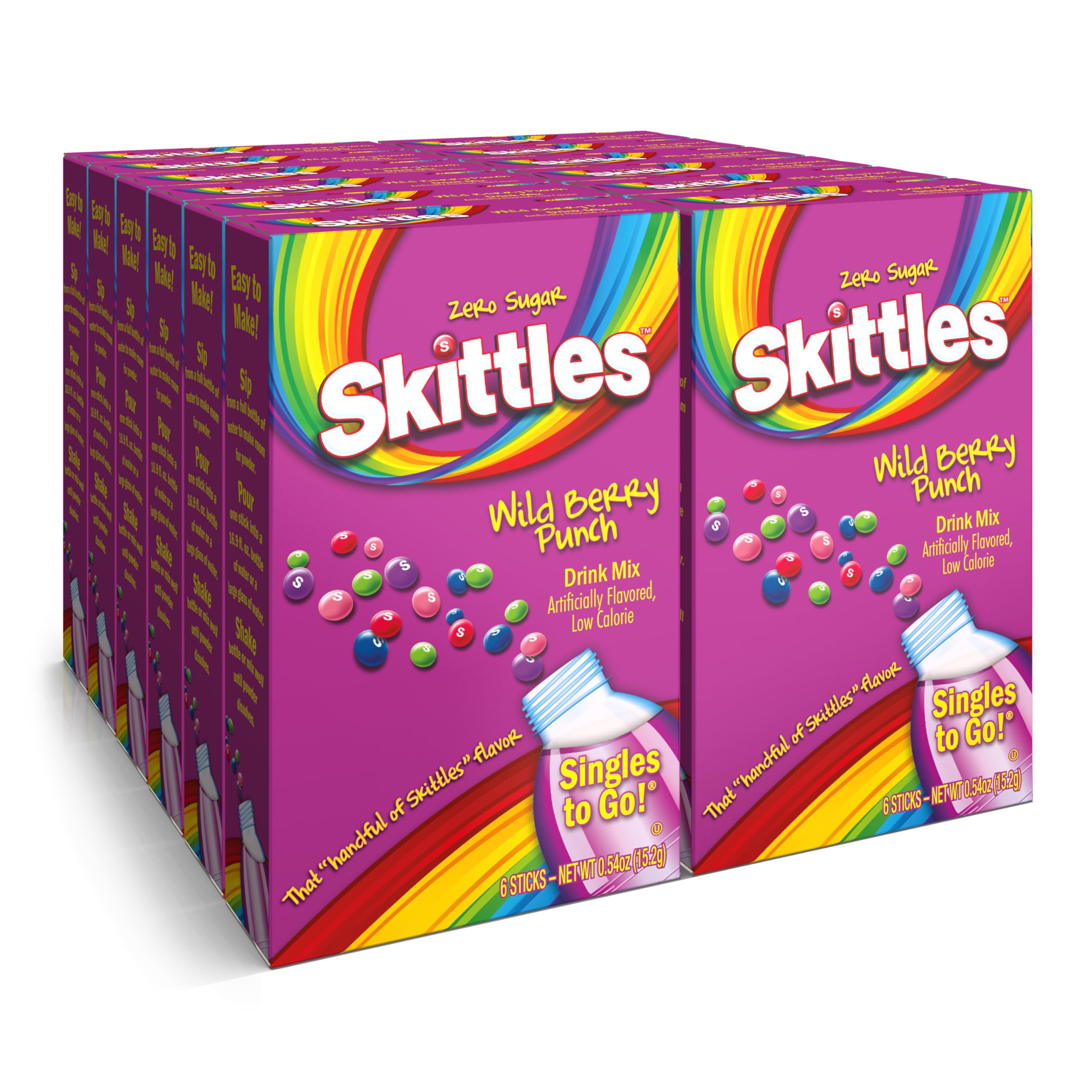 Skittles Singles to Go Wild Berry Punch, Powdered Drink Mix, Zero Sugar, Low Calorie, Includes 12 boxes, 6 Servings per Box, 72 Total Servings,6 Count (Pack of 12)[Amazon-developed Certification] Compact by Design