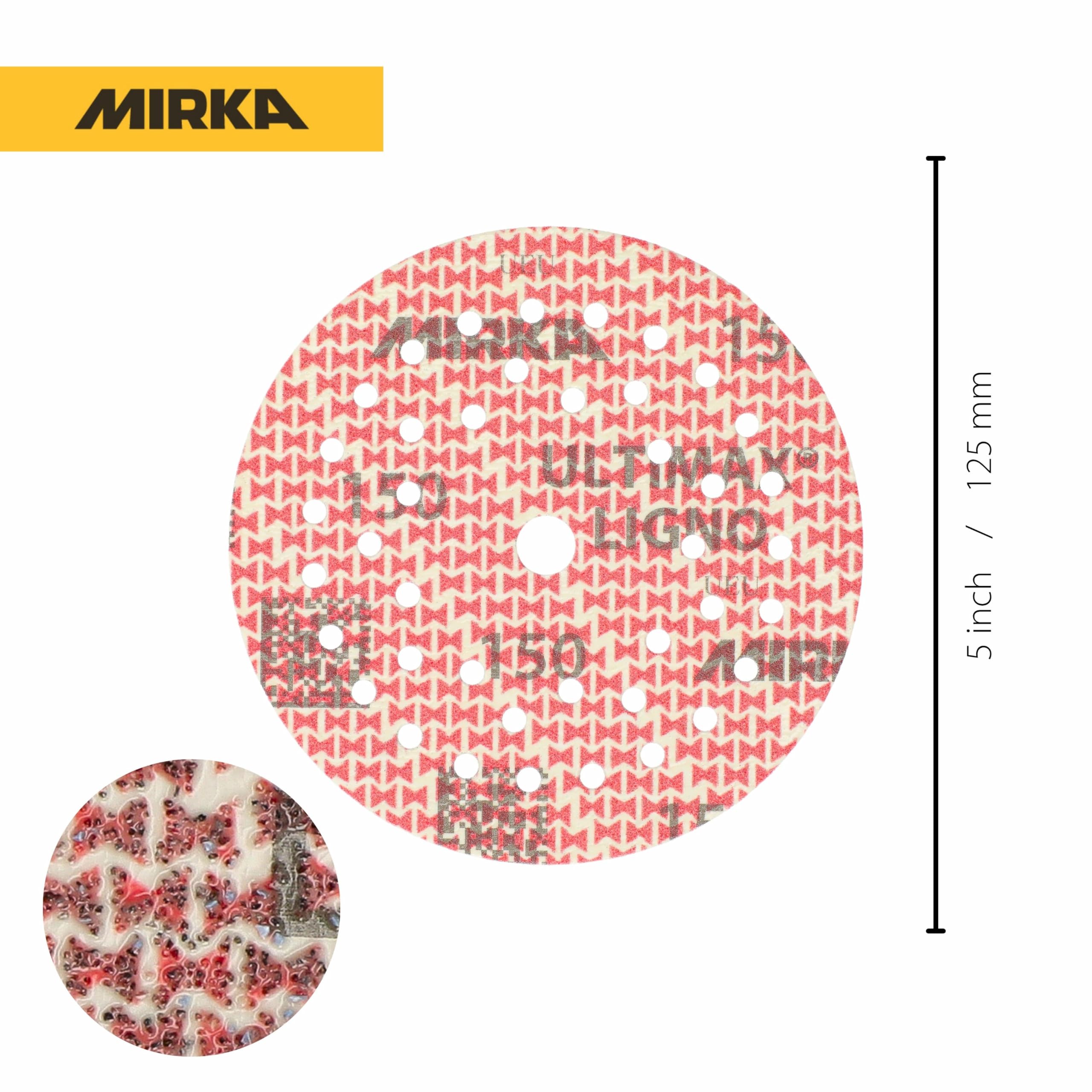 Mirka abrasive sheets Ultimax Ligno 125 mm rzep Multifit | Tarcze szlifierskie Mirka Ultimax Ligno 125 mm z ziarnem 150 do drewna wielootworowe rzep Multifit 100 sztuk