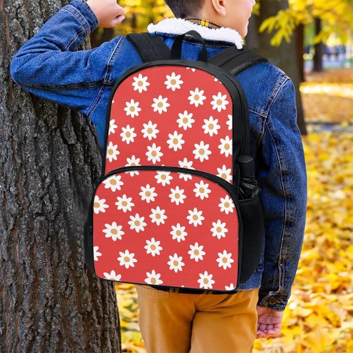 Little Flowers Backpacks for Girls Student Durable Lightweight Large Capacity 17 Inch Cute Red School Backpack Kids Double Zipper Bookbag Travel Daypack with Front Pocket