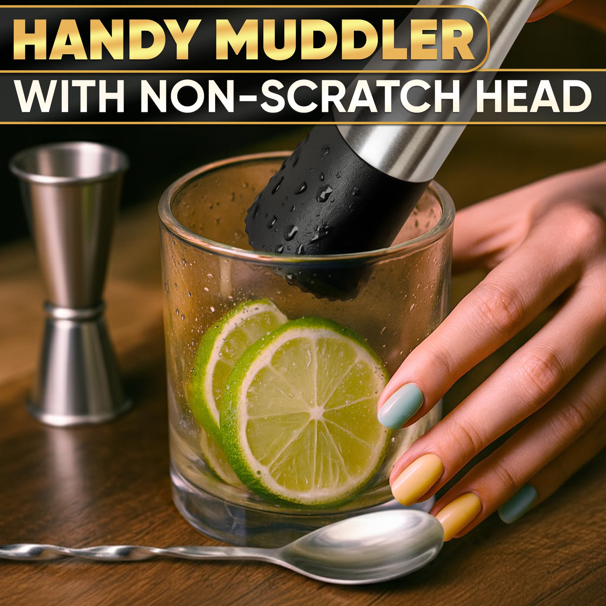 Cocktail Muddler Set - Stainless Steel, Spoon & Jigger -4 Cocktail Muddler Set - Stainless Steel, Spoon & Jigger -4