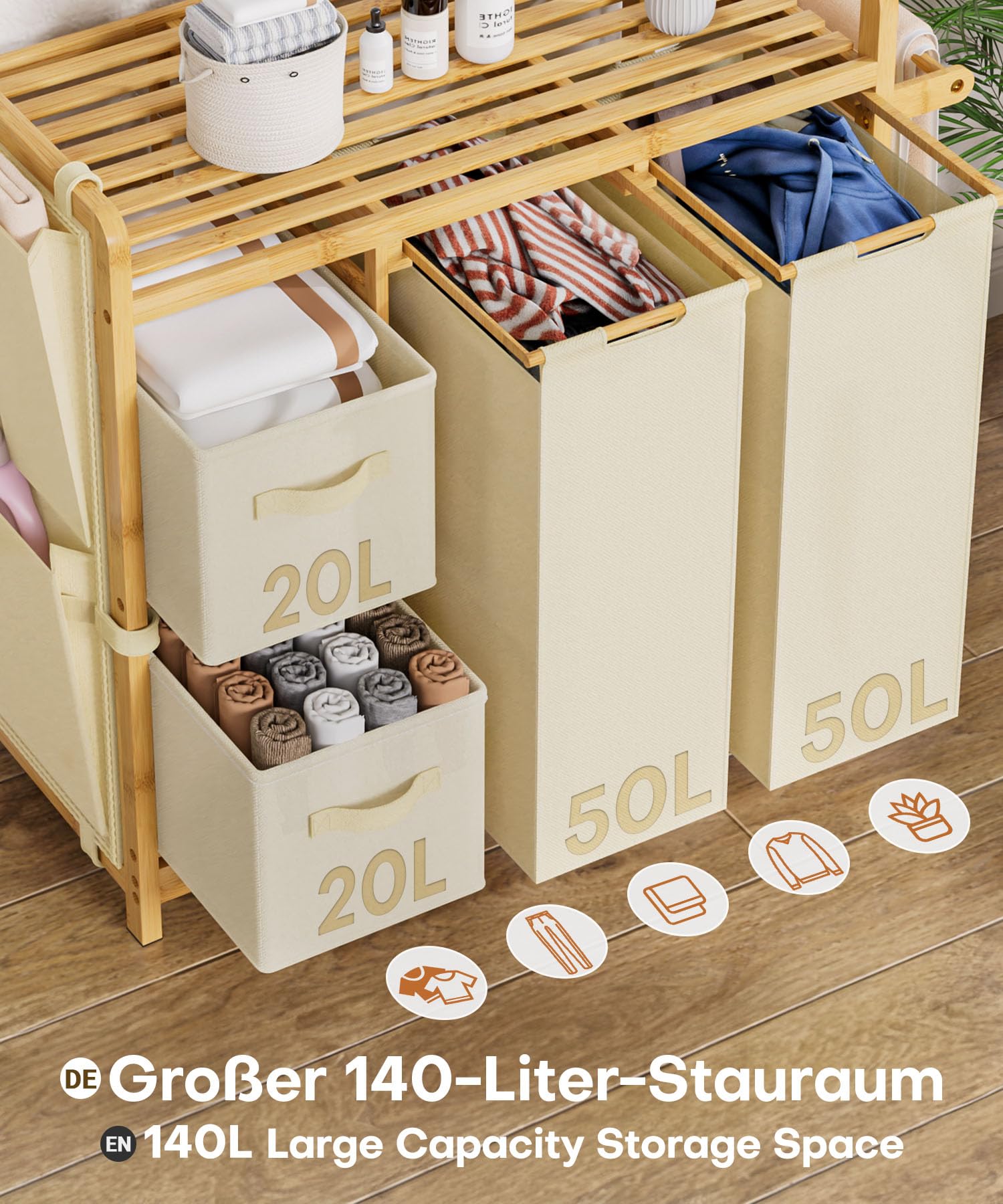 Yorbay Cesto portabiancheria a 3 scomparti, in bambù, 140 l, con ripiano, porta asciugamani e piccole tasche laterali, per bagno, camera da letto e lavanderia, 87 x 41 x 77 cm, beige