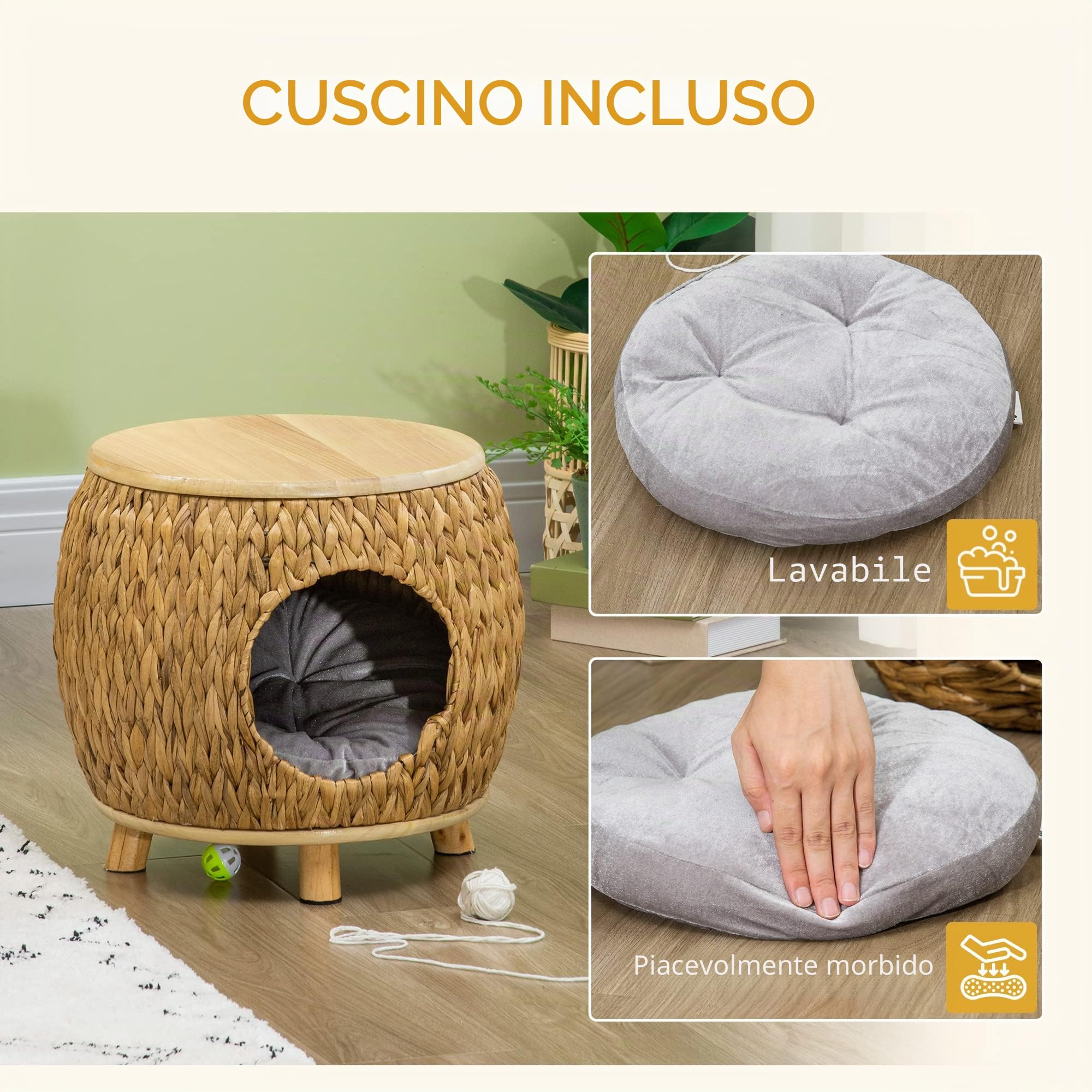 Pawhut grotta per gatti in rattan design 2 in 1 cesto per gatti con cuscino letto per gatti rifugio per gatti letto per animali domestici giacinto d'acqua erba paulownia legno marrone chiaro+grigio 44