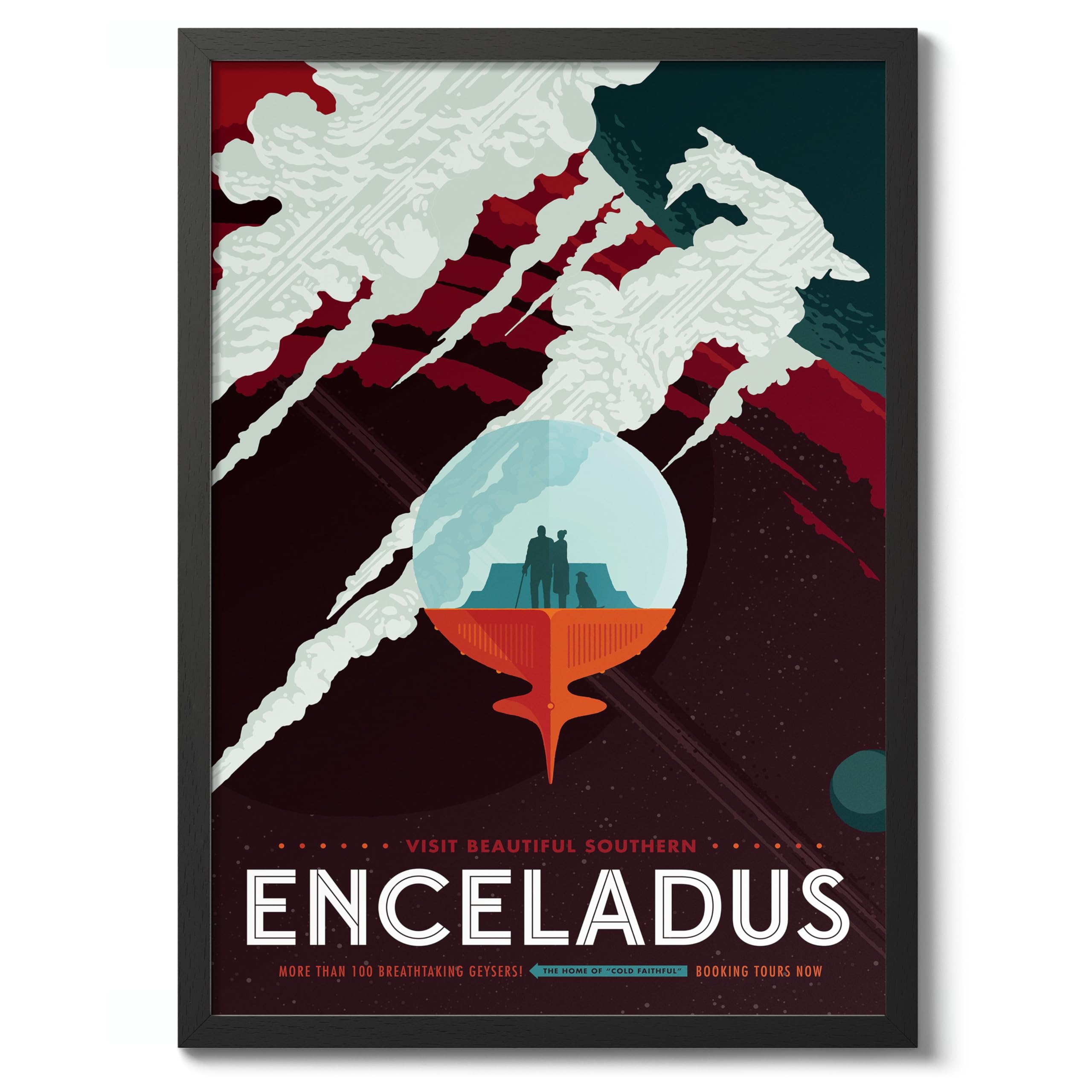 Enceladus Retro Nasa Space Grand Tour Travel Exploration Art Poster, Planet Travel Prints, Vintage Astronomy Home Decor, Astronaut Space Print, Archival Matte, A4 (Black Frame) - 29.7x21cm โ image 1