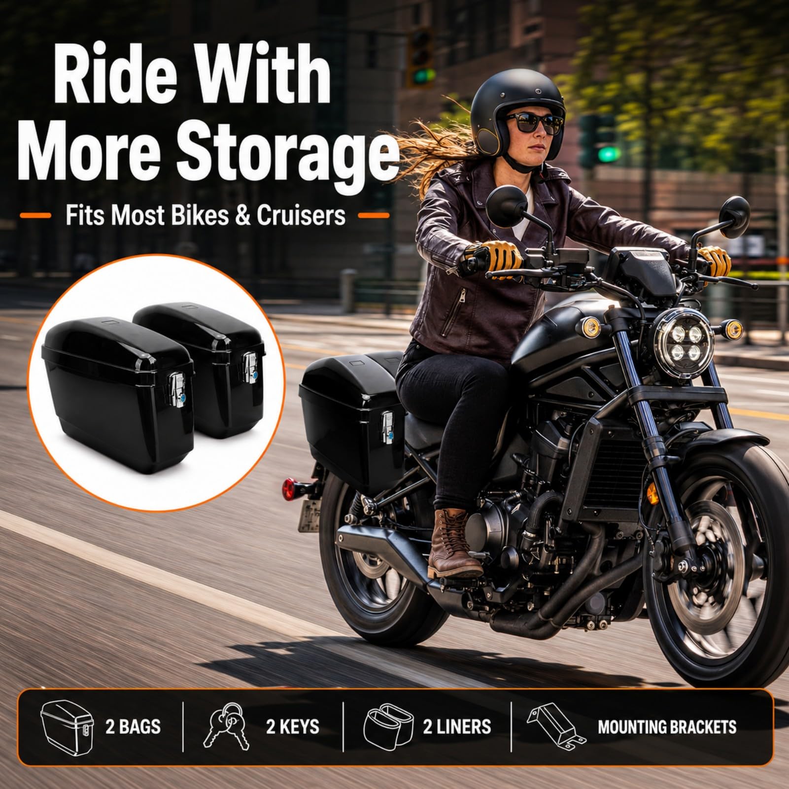 Maleta Lateral para Motocicleta de 45 litros con Kit de Montaje | Alforjas Duras ABS con Cerradura para Ajuste Universal Cruiser
