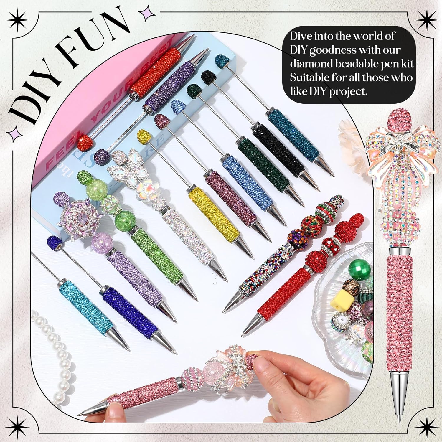 Tondiamo 16 Pcs Full Rhinestones Beadable Pens Glitter Fancy Pens Bulk for Beads DIY Luxury Diamond Beaded Pen Sparkly Cute Journalling Ballpoint Fun Bling Ballpoint for DIY Craft Making