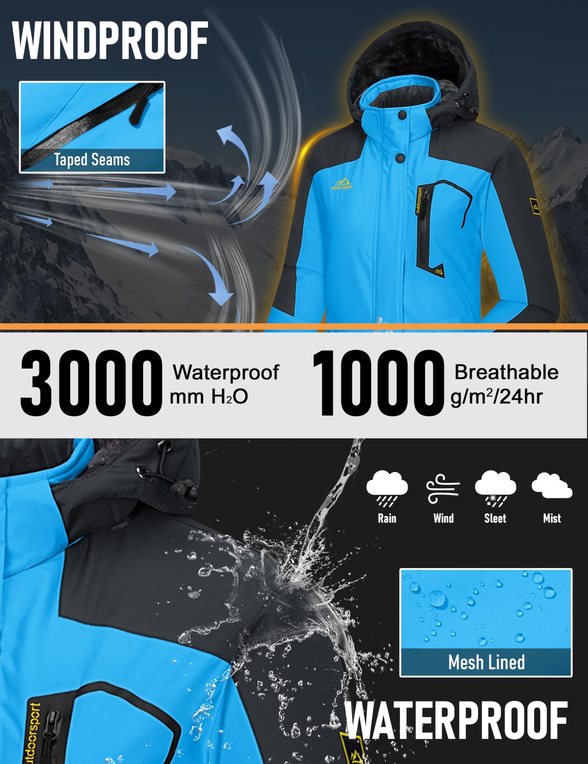 MAGCOMSEN Vestes imperméables pour femme - Manteaux chauds d'hiver - Pour randonnée, camping - Avec poches zippées