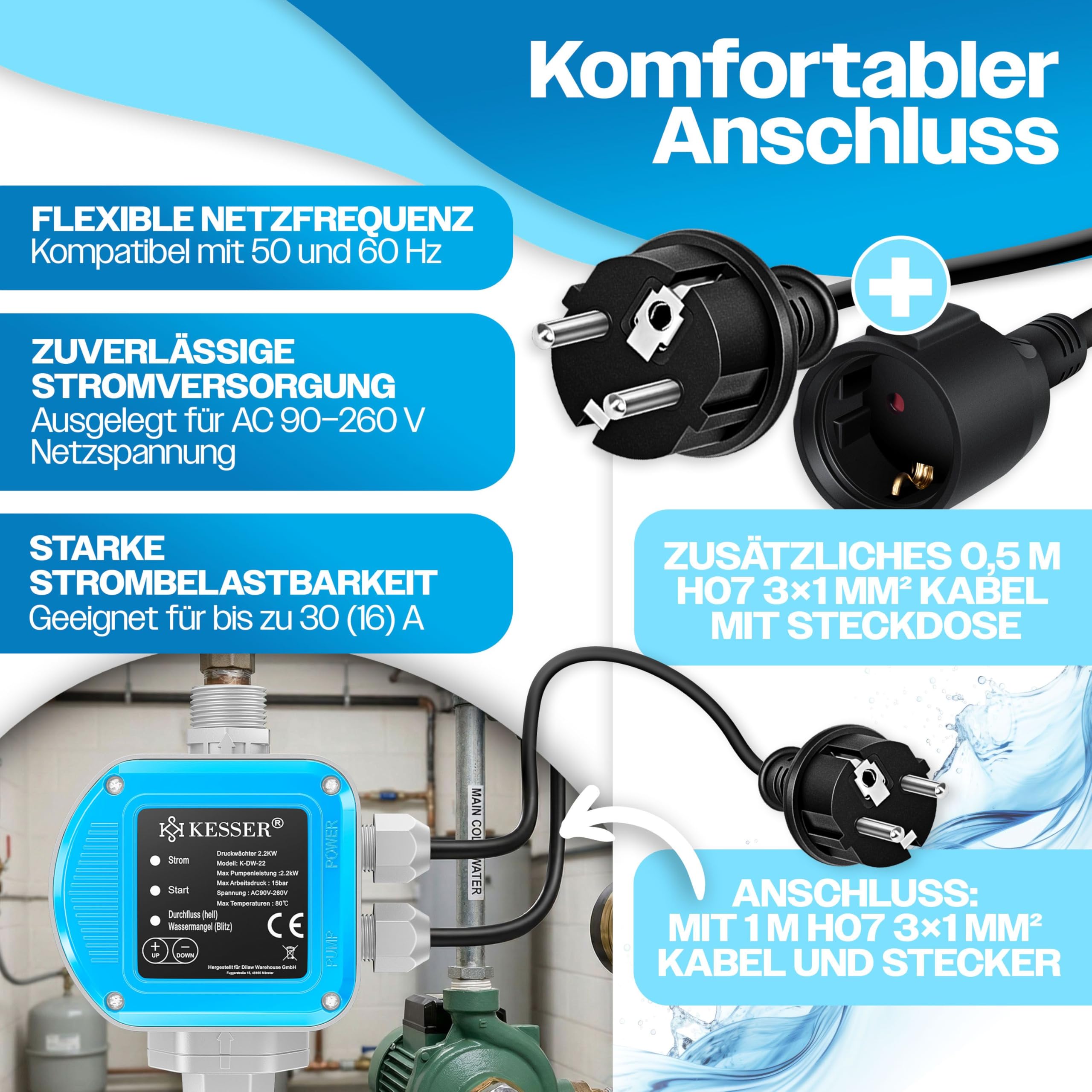 KESSER Pressostat - 15 bar - Contrôle de la pompe - Station d'eau domestique - Arrosage du jardin - Avec câble - Pression d'eau constante - Jardin et maison - Allumage et extinction automatiques