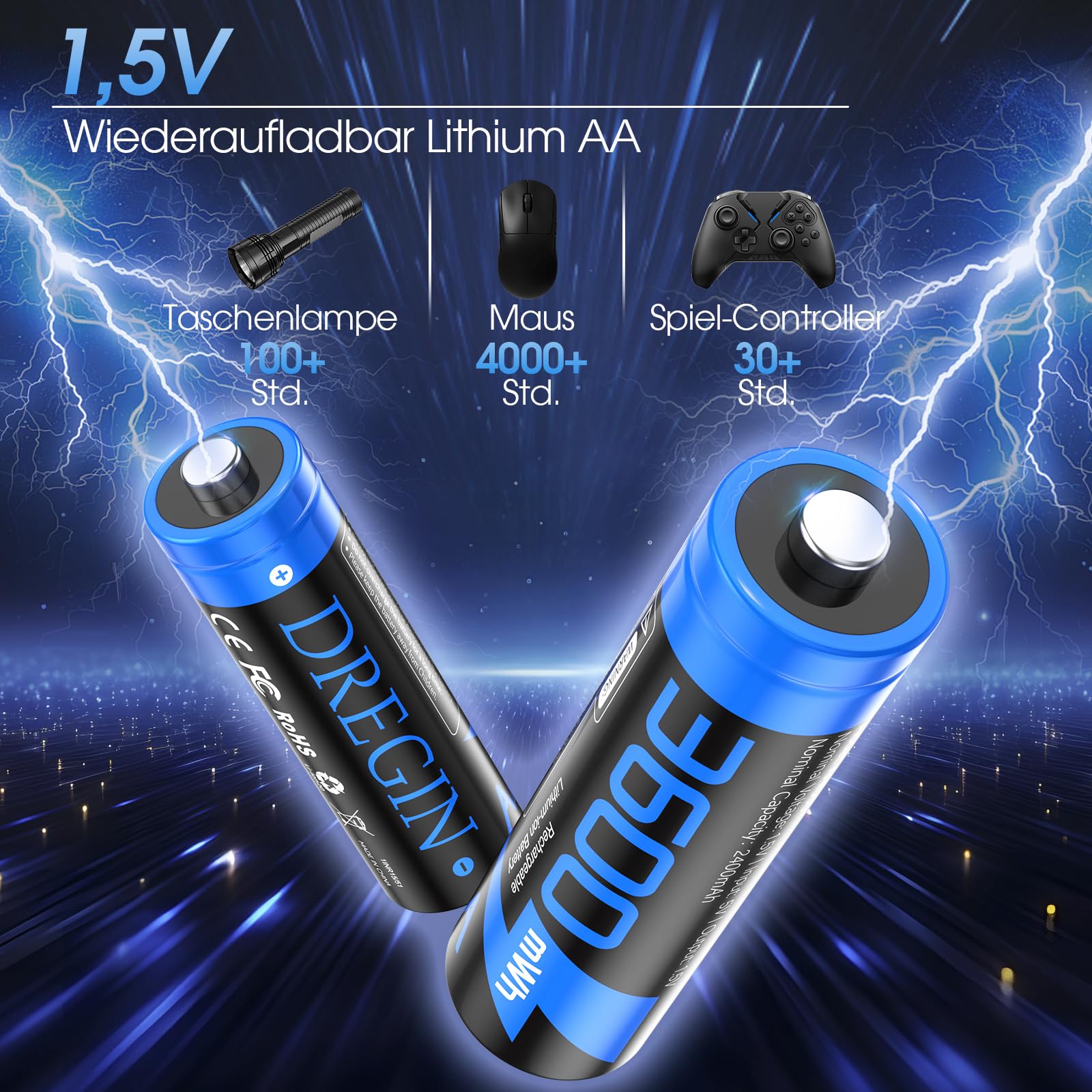 Batterie al litio ricaricabili AA con caricabatterie, 1,5 V, 3600 mWh, ad alta capacità, 2000 cicli, ricaricabili a lungo (blu)