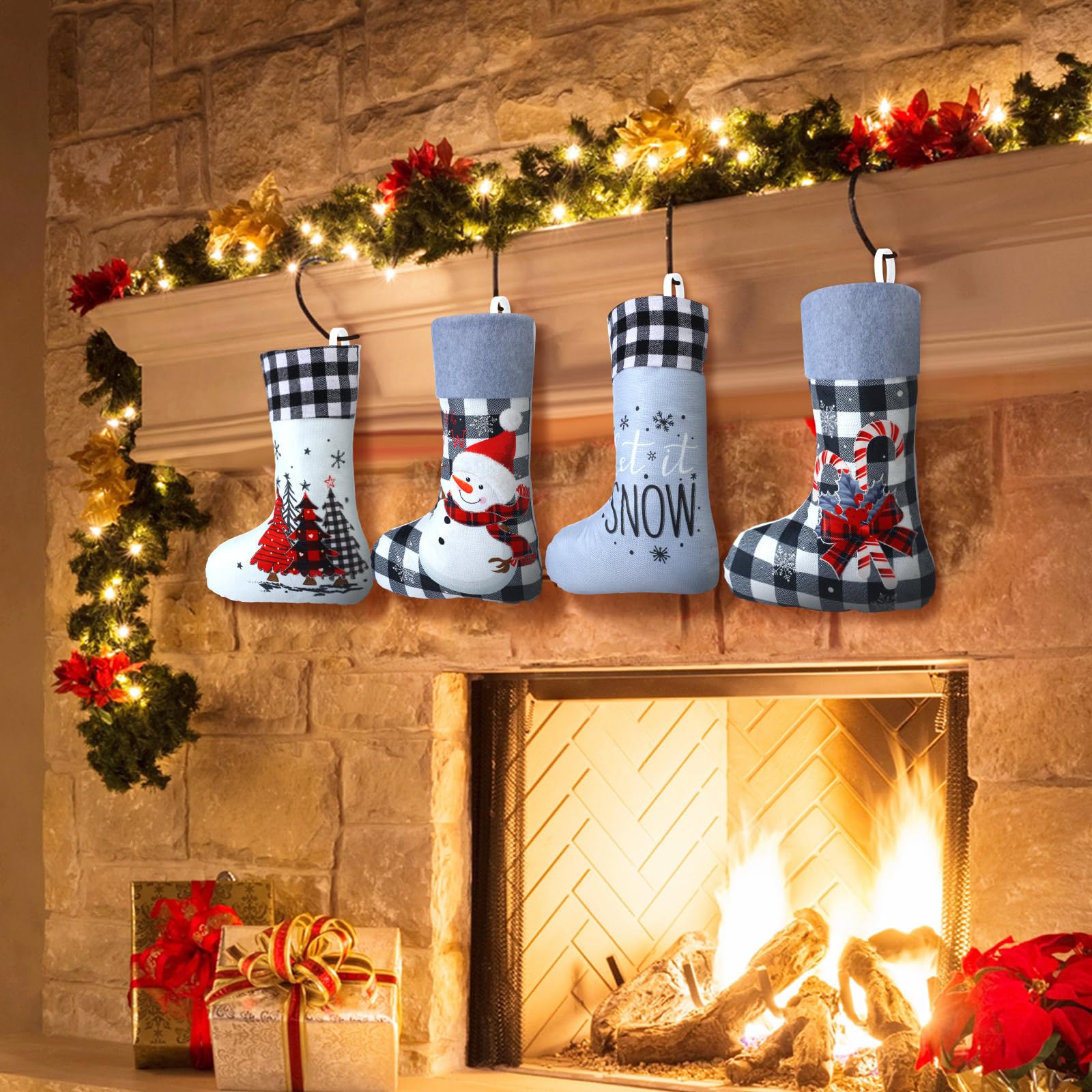 Realspring Weihnachtsstrümpfe, 45,7 cm, Jute, rot, grau, kariert, bestickt, zum Aufhängen, Bauernhaus, Weihnachtsstrumpf, Kamin, hängende große Strümpfe für Urlaub, Kamin, Dekoration, Geschenke, 6