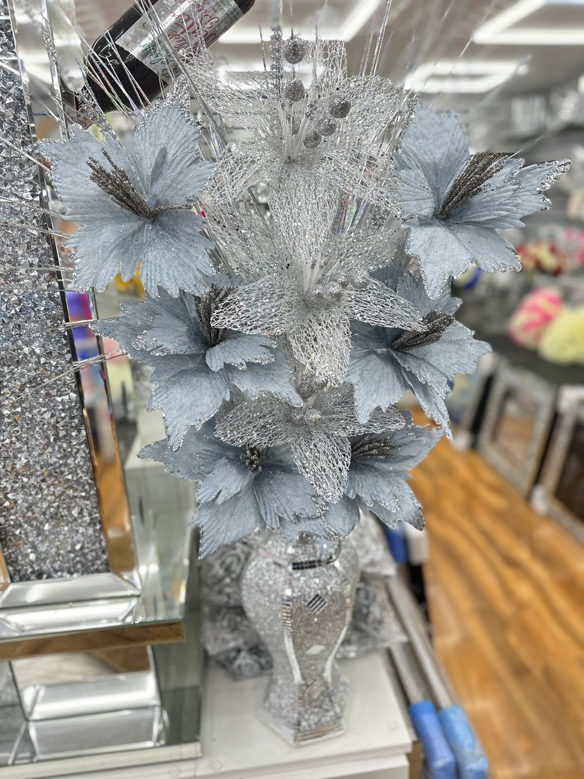 Jayogla Silver And Grey Decorative Artificial Silver Grey Flowers Arrangement With Glitter Vase,- Crystal Display, Home Decor Arrangement Height 50Cms Approx, (Vase 30Cms Height)