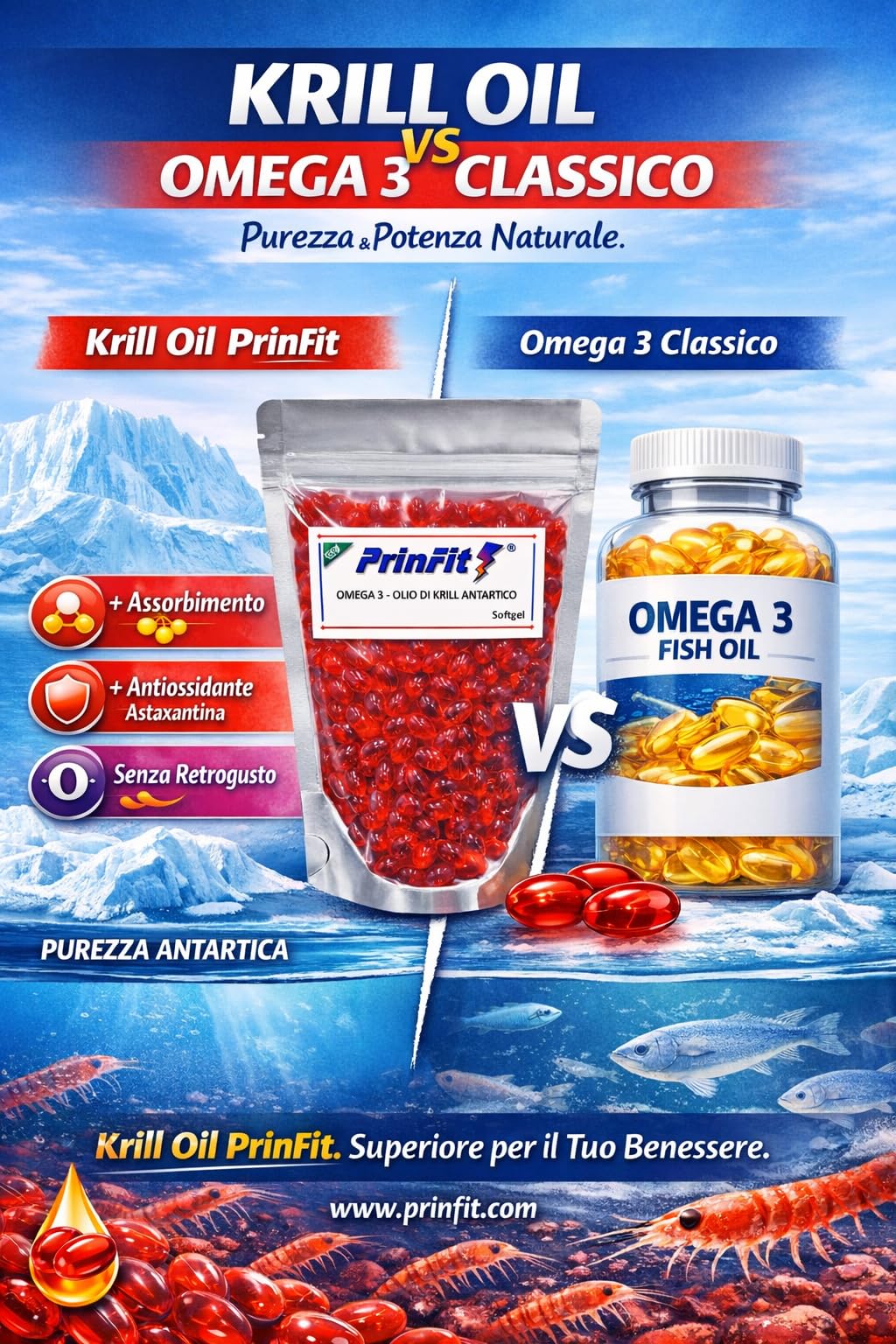 Olio di Krill Omega 3 Puro PrinFit - Ricco di Omega-3 EPA e DHA | Fonte di Fosfolipidi Marini e Astaxantina | Krill Oil 100% Naturale- Senza Retrogusto | 100 Capsule molli (softgels)