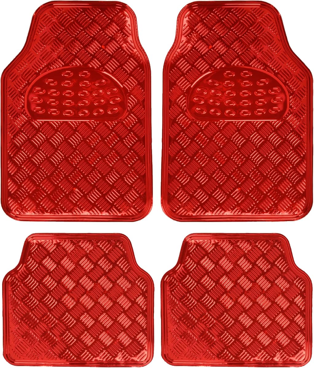 BDK Alfombrillas de coche cromadas metálicas para todo tipo de clima, ajuste universal, alfombrillas para coches, SUV, alfombrillas para camiones, juego completo de alfombrillas delanteras y traseras, respaldo antideslizante, color rojo