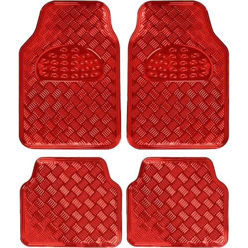 BDK Metallic Chrome Car Floor Mats All-Weather Universal Fit Automotive Floor Mats for Cars SUVs, Floor Mats for Trucks, Car Mats Full Set Front & Rear, Non-Slip Backing - Red
