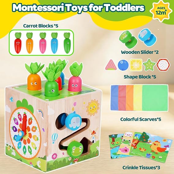 KMTJT Wooden Activity Cube - Montessori Toys for 1 2 3 Year Old Toddlers