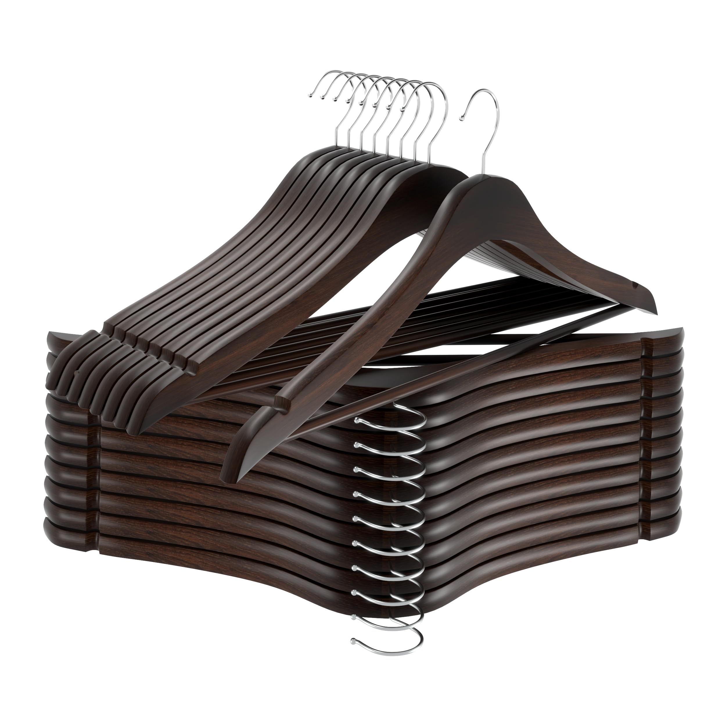 Utopia Home Rutschfeste Premium-Holz-Kleiderbügel mit runder Hosenstange und Schulterrillen – 360 Grad drehbarer Haken, langlebig & schmal, Anzug, Hose, Jacke Kleiderbügel (Walnuss-Finish, 20erPack)