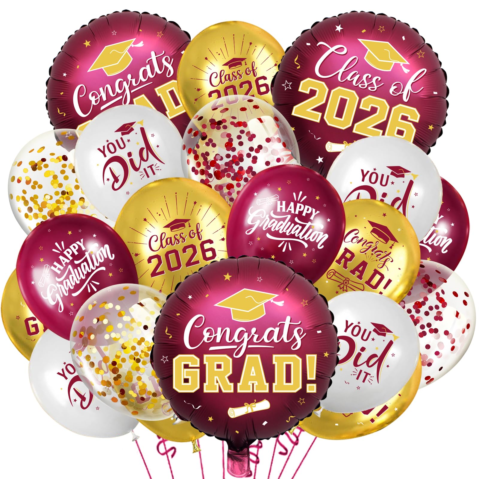 Maroon and Gold Graduation Balloons Graduation Decorations 2026, 51Pcs Grad Latex Balloons and Grad Foil Balloon with Confetti Ribbons Grad Party Decorations for College High School