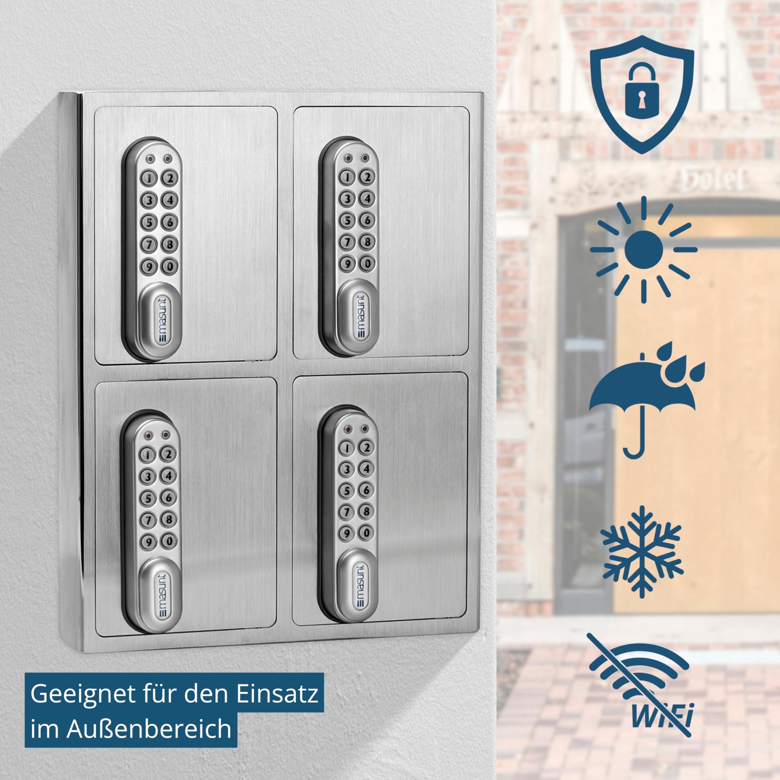 masunt Schlüsselsafe 1440 E Code | innovative Online-Codevergabe aus der Ferne | digitaler Schlüsseltresor aus massivem V4A Edelstahl | 4 Fächer | Aufbruch-sicher | korrosionsbeständig für Seeklima