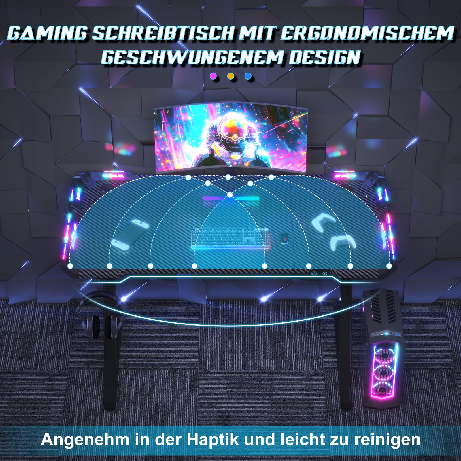 JUMMICO Gaming Tisch mit LED-Beleuchtung, RGB Gaming Tisch, Stabiler Computertisch für Homeoffice und Gamer,Gaming Schreibtisch mit Kopfhörerhalterung und Getränkehalter, 120 x 60 cm, Schwarz