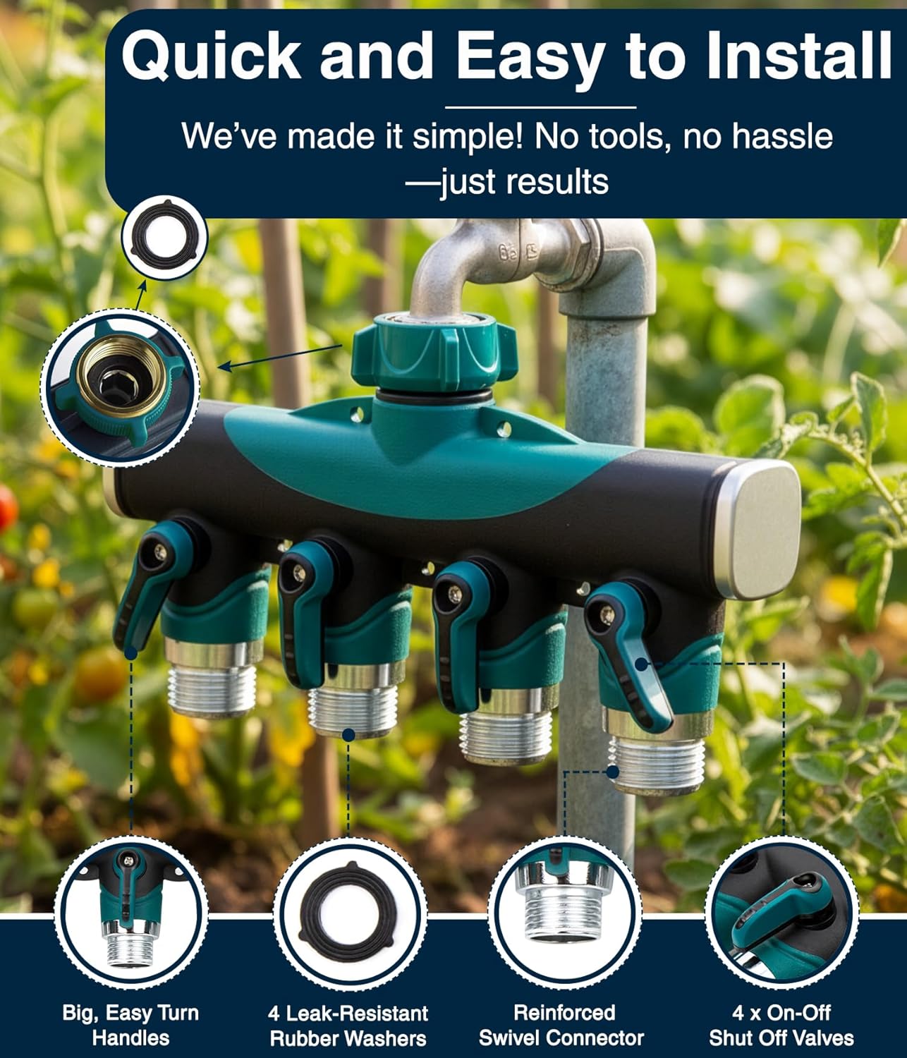 DBR Tech® 4 Way Hose Splitter (Superior Durability), Premium Garden Hoses Connector, 4 Way Heavy Duty Water Valve for Spigot Faucet Bib, Four Outlet with On Off Valve, Rust-Resistant Adapter, Green