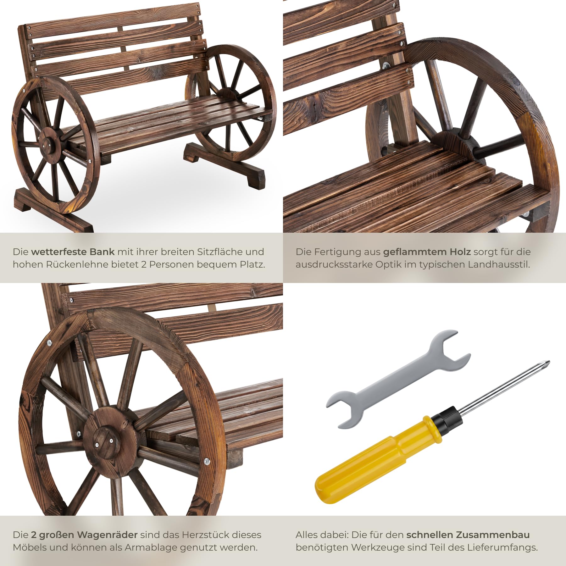 tectake® Gartenbank, 106 x 55 x 78 cm, geflammtes Massivholz | Belastbarkeit 320 kg, wetterfest, Wagenraddesign, hohe Rückenlehne, 2-Sitzer, Gartenholzbank, braun
