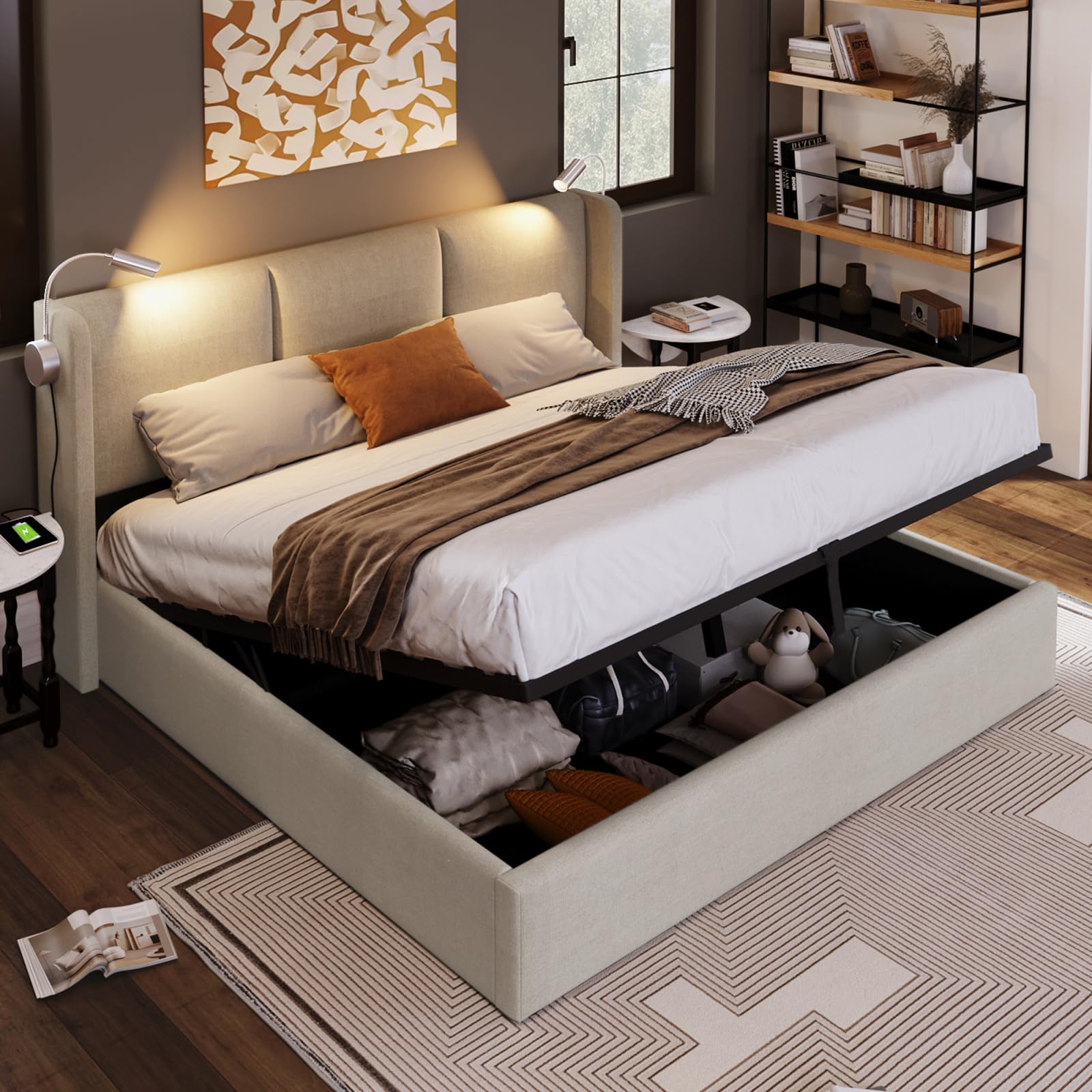 PerGar Cama Matrimonio 160x200, Cama 160x200 con almacenaje, Canape con Cabecero, Camas matrimoniales con luz de Lectura y somier, Moderne Camas Juvenil, Hidráulica Espacio, Lino, Beige, Sin Colchon