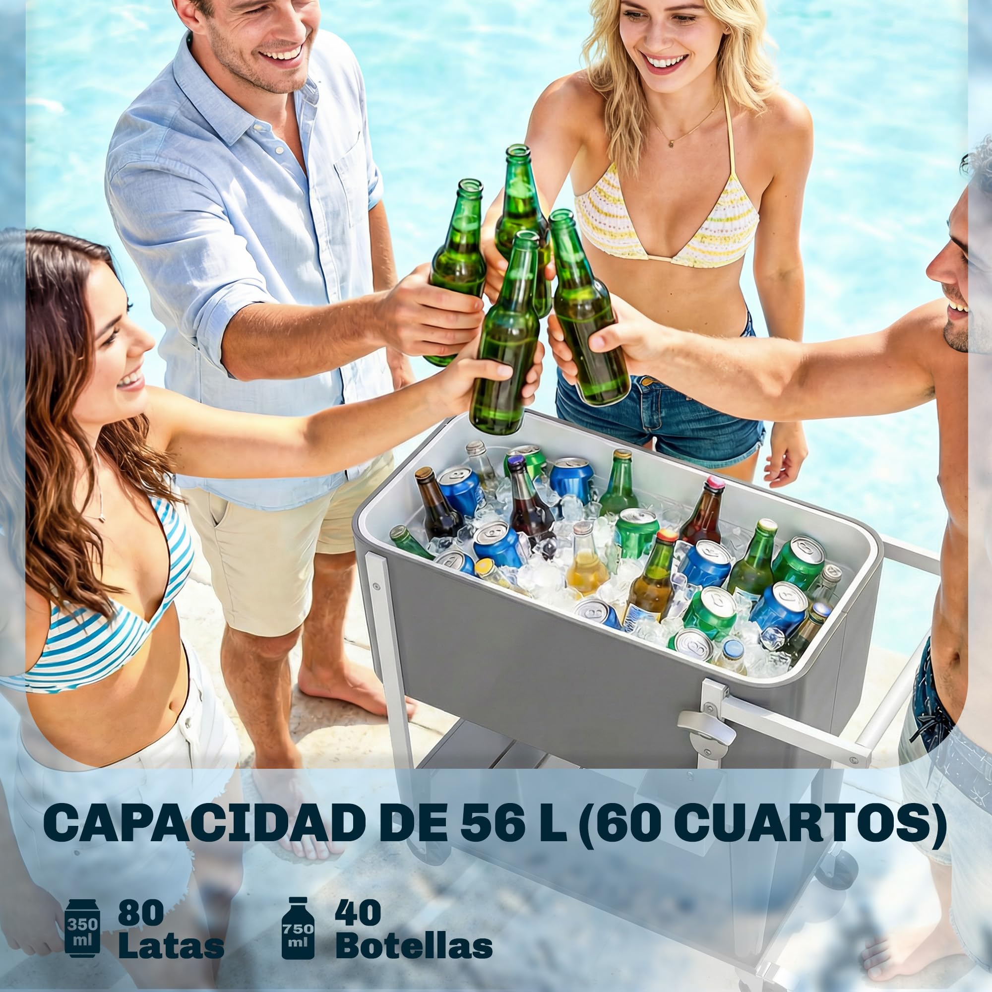 Outsunny Carrito Nevera de 56L con Ruedas, Carro de Bebidas con Estante, Abrebotellas, Recogetapas, Drenaje y Asa, Mesa Nevera Jardín Exterior para Patio, Fiesta, BBQ, 84x38x83 cm, Gris