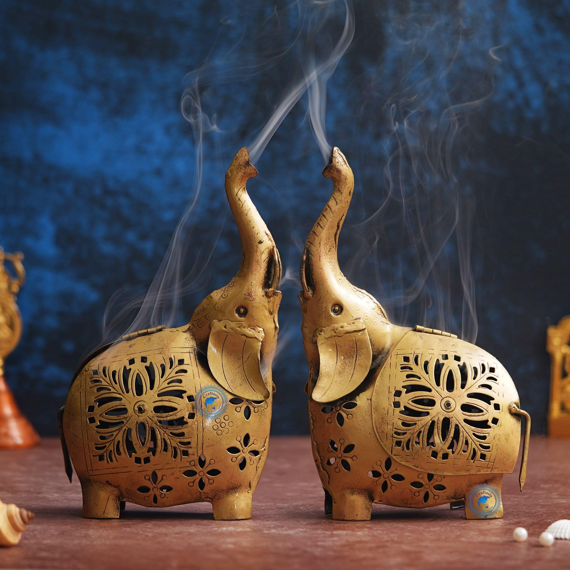Craftasia Elephant Tea Light/dhoop Holder Pack of 2 with Trunk up for Home and Living Room Decoration