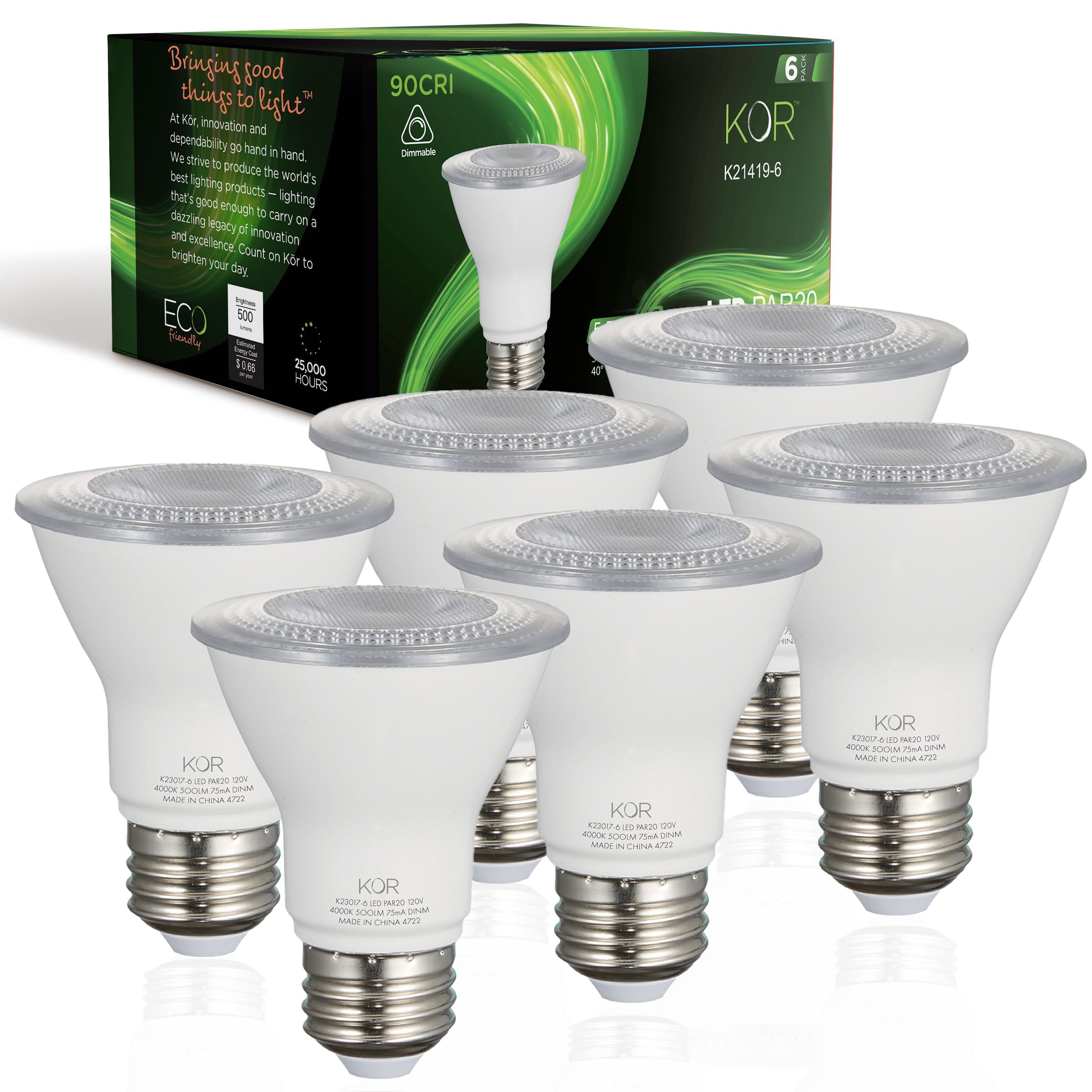 KOR (Pack of 6) LED PAR20 Light Bulbs, 6.5W (Replaces 50W 50PAR20