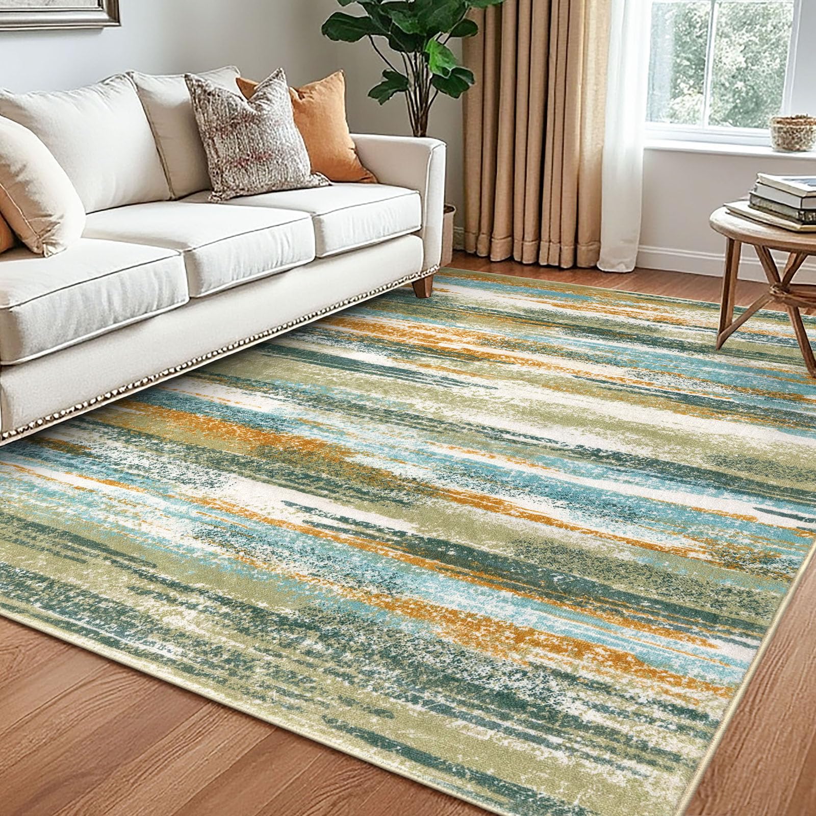 Lansny Modern Abstract 5x7 Machine Washable Area Rug Non-Slip Soft Bedroom Living Romm Rug Green Mustard Multi Ultra Thin Print Faux Wool Floor Carpet