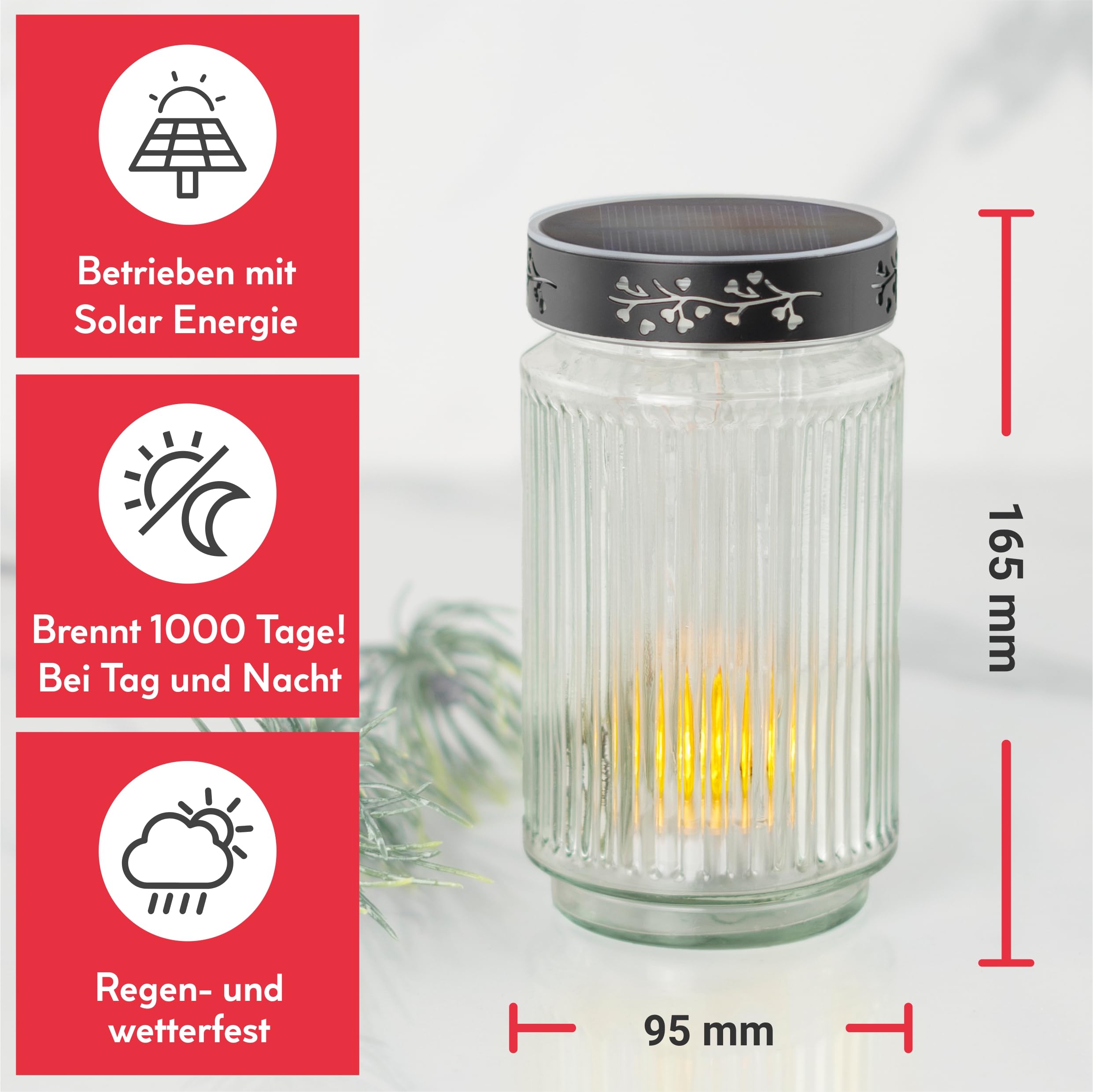 Hofer Candele, luce solare a LED, in vetro, trasparente, durata di 3 anni, resistente alle intemperie, impermeabile, per esterni, candela a LED per cimitero, lanterna per tomba con batteria