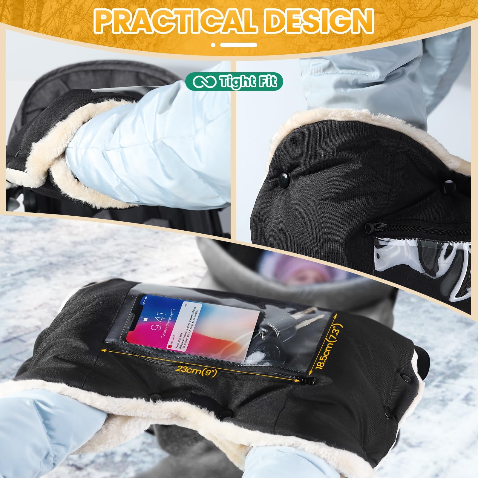 Orzbow Gants Poussette, Imitation Peau Mouton Gants pour Poussette avec Transparente Poche pour Téléphone Portable, Matériau Résistant aux Intempéries, Lavable en Machine, Noir