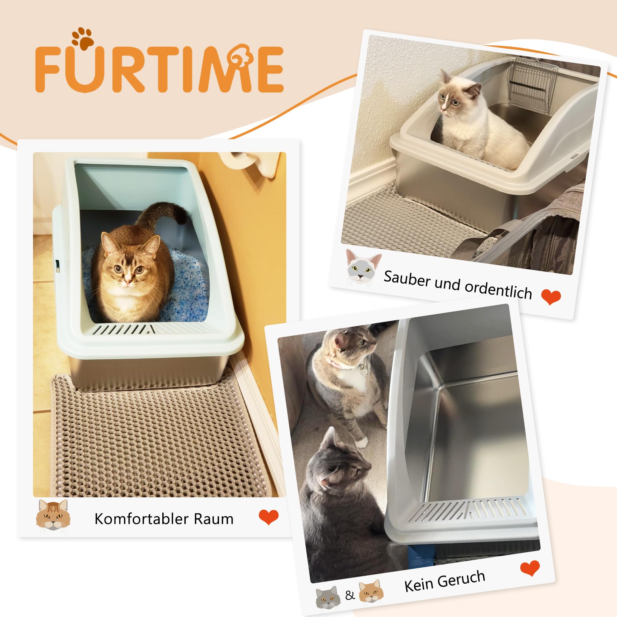 FURTIME Katzenklo Edelstahl XXL, Katzentoilette Edelstahl 30L Große Kapazität Auslaufsicher Gegen Verschüttungen Katzenklo, mit Metall Katzenstreuschaufel 58x37x28.5cm (Silbergrau)