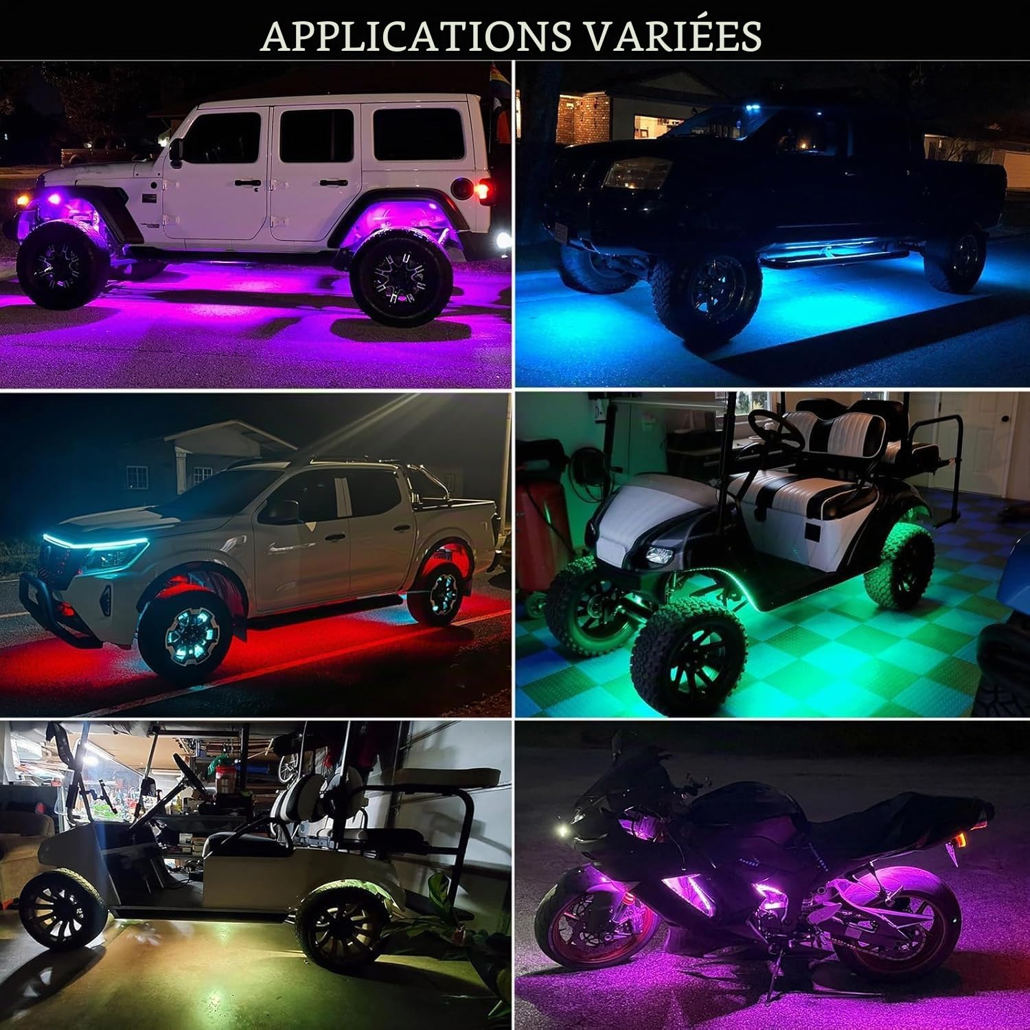 Lot de 4 sous éclairage pour Voiture,16 Millions de Couleurs,contrôle par Application, synchronisation de la Musique, Bandes Lumineuses RGB étanches pour Voitures,SUV.