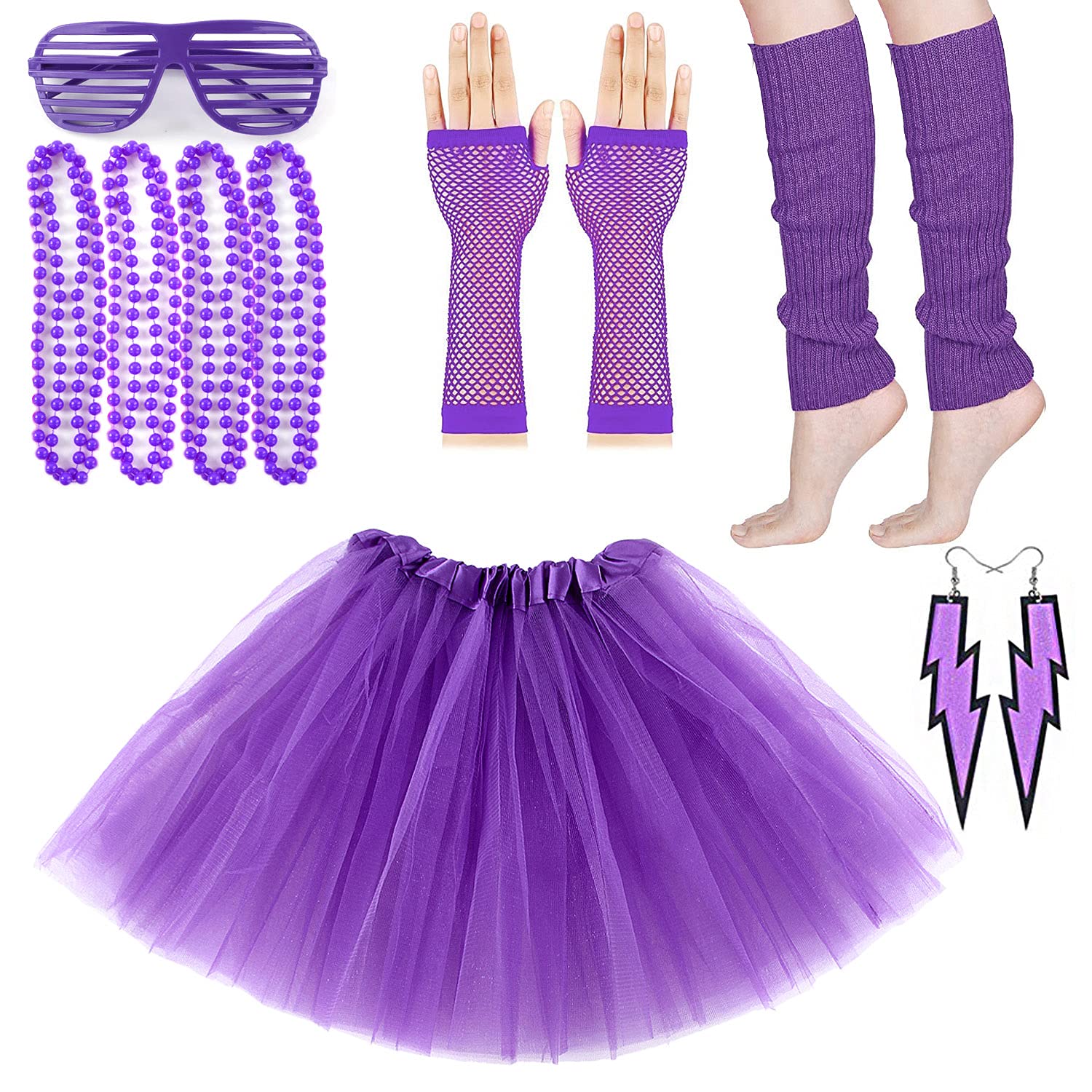 M MUNCASO Costume Anni '80 per Adulti - Set con Gonna Tutù, Scaldamuscoli, Guanti a Rete, Collane al Neon, Orecchini con Perline, Occhiali da Sole - per Feste Retrò