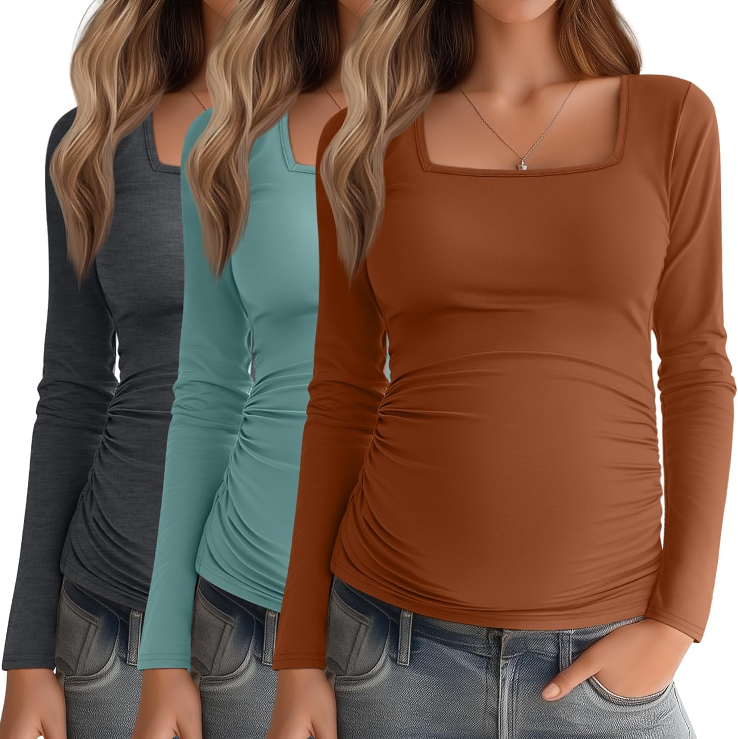 Baggyfly 3 Pack Women's Maternity Shirts Long Sleeve Side Ruched Pregnancy Tops Square Neck Basic Tunic Knit Mama Clothes