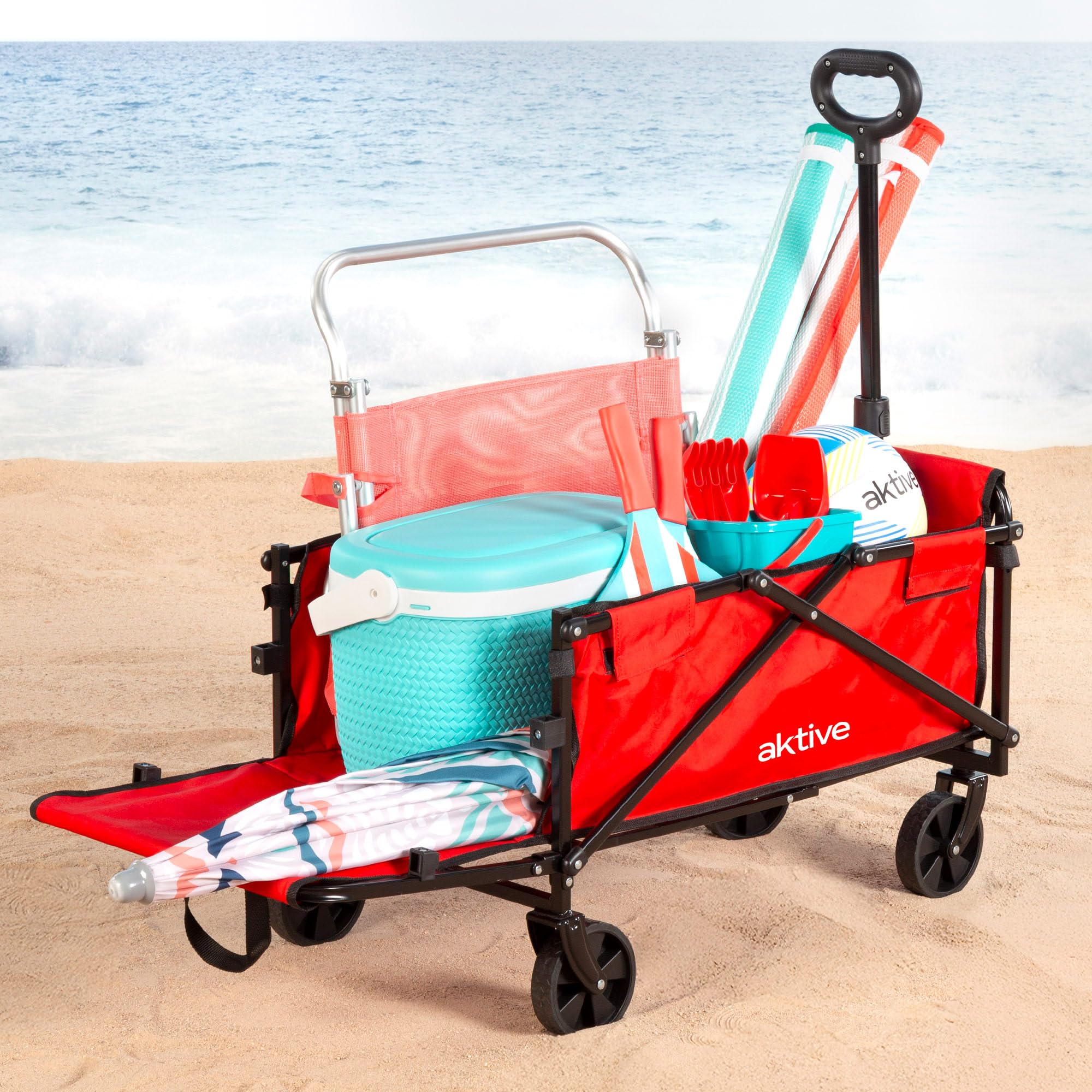 AKTIVE Carro Playa Ligero, Rojo, 73x44x93 cm, Plegado acordeón, Asa Ajustable, Carga soportada 80 kg, Estructura de Acero, Carrito Transporte con Ruedas, Carros auxiliares (62503)
