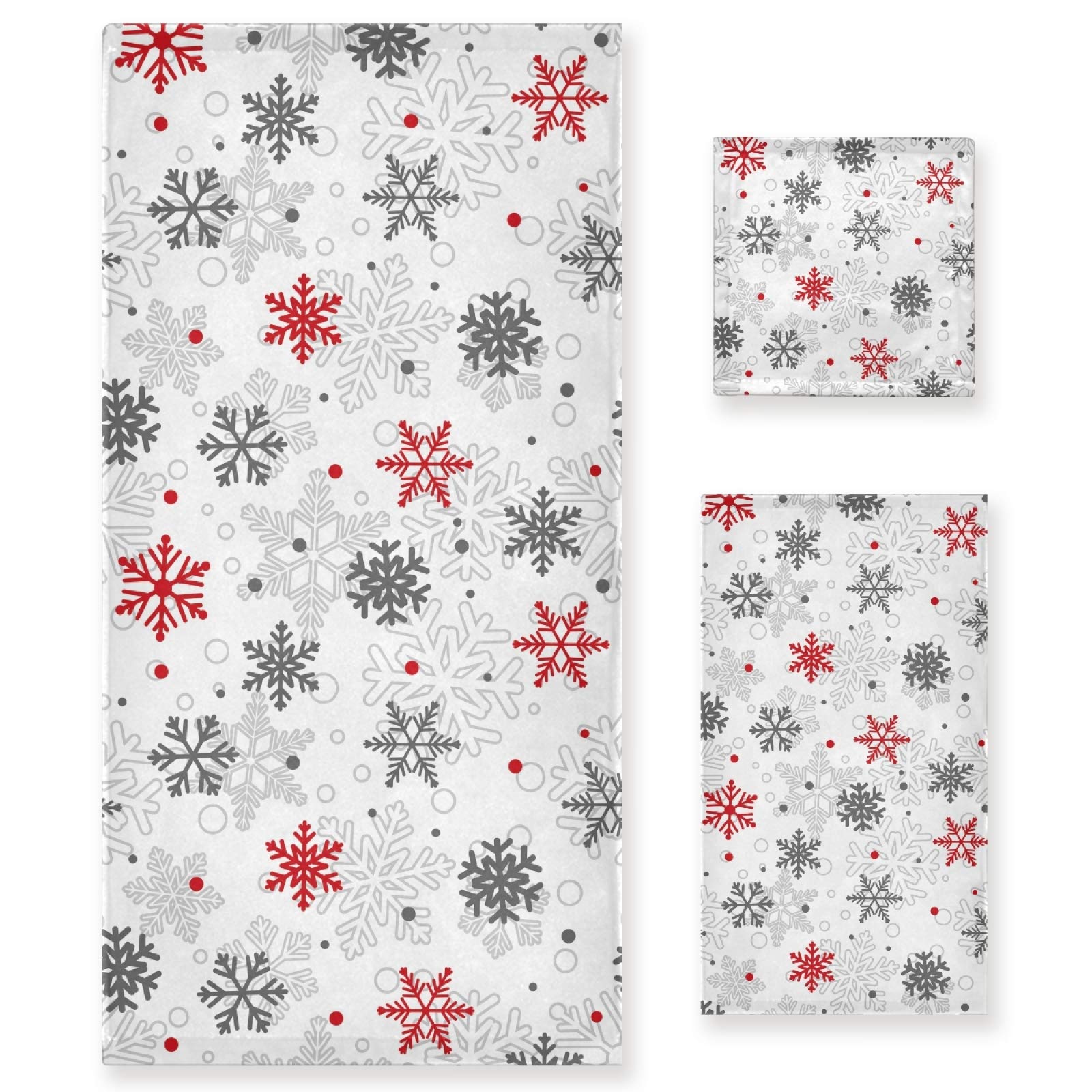 Rectangular Bathroom Set Red Snowflakes with three towels & candle