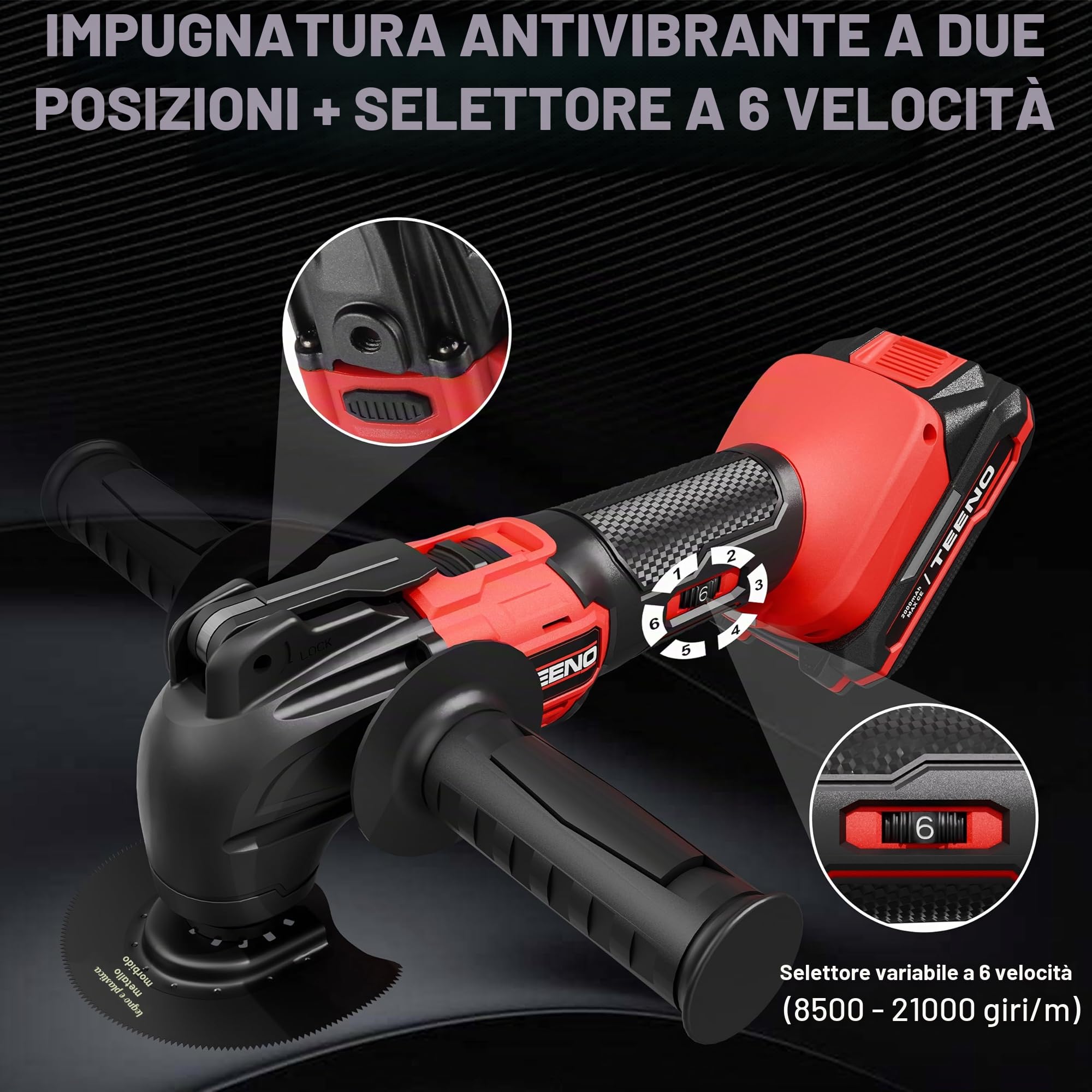 TEENO Utensile Multifunzione Oscillante Senza Fili 20V, Strumento Multifunzione Senza Fili Brushless, 6 Velocità Variabile, 8500-21000RPM, Caricatore, Angolo Oscillante 4°, Per Raschiare, Lucidare