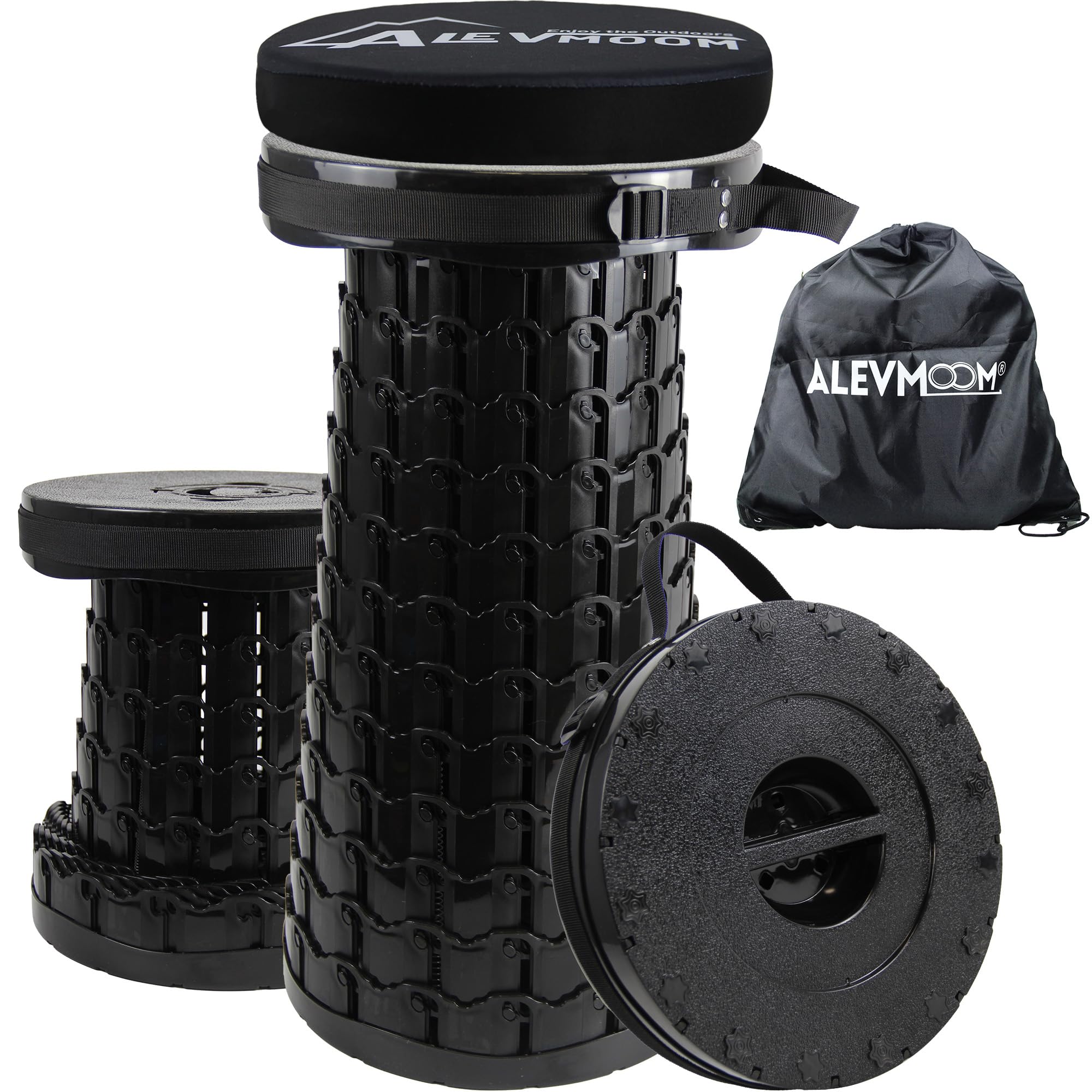ALEVMOOM 2026 Verbesserter XXL-Klapphocker mit Kissen und Tasche, höherer 59 cm Tragbarer Teleskophocker, maximale Belastbarkeit 450 kg, einziehbarer Klapphocker für Camping und Reisen