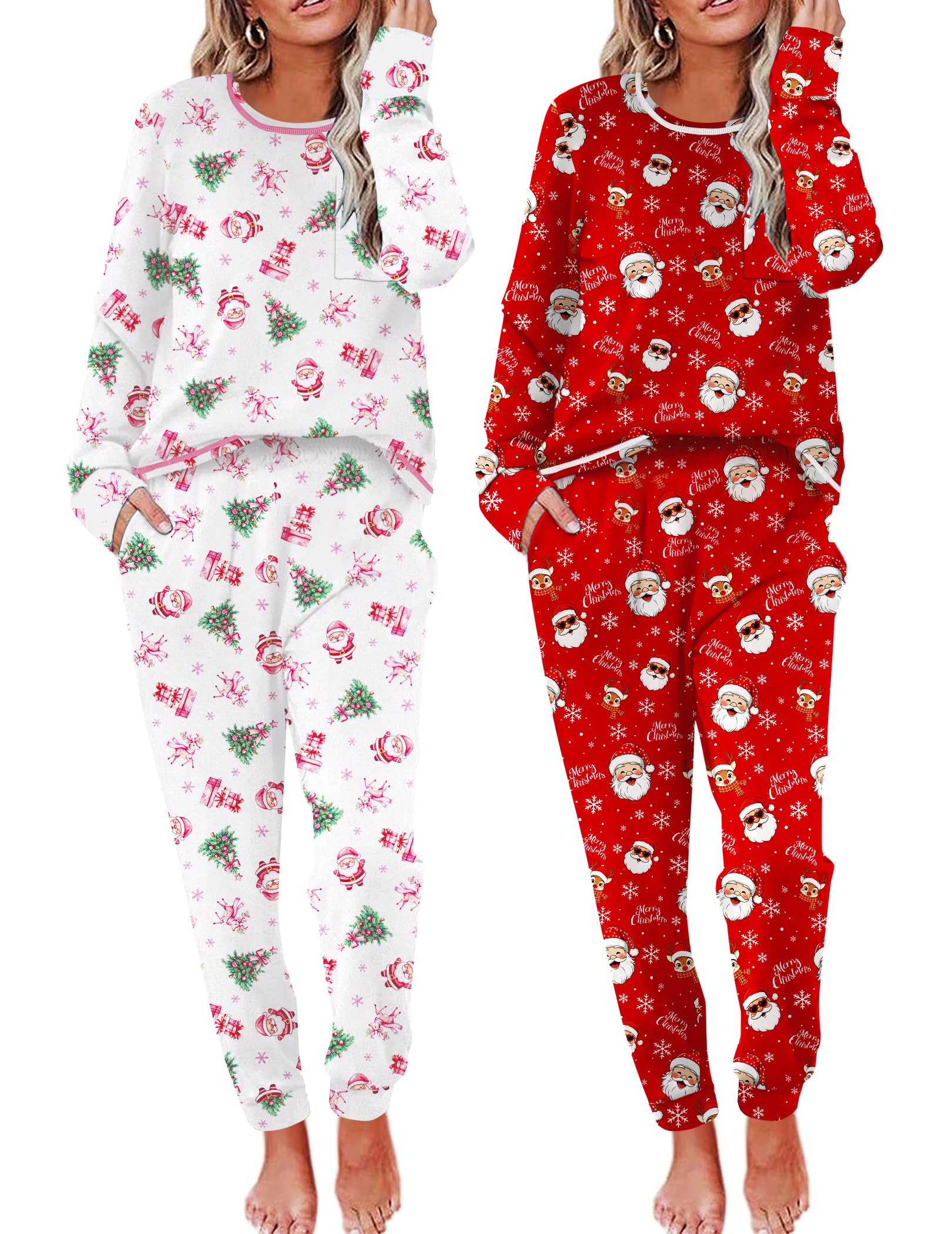 Ekouaer 2 Pack Womens Pajama Sets Long Sleeve Lounge Sets Soft Pj Loungewear Sleepwear