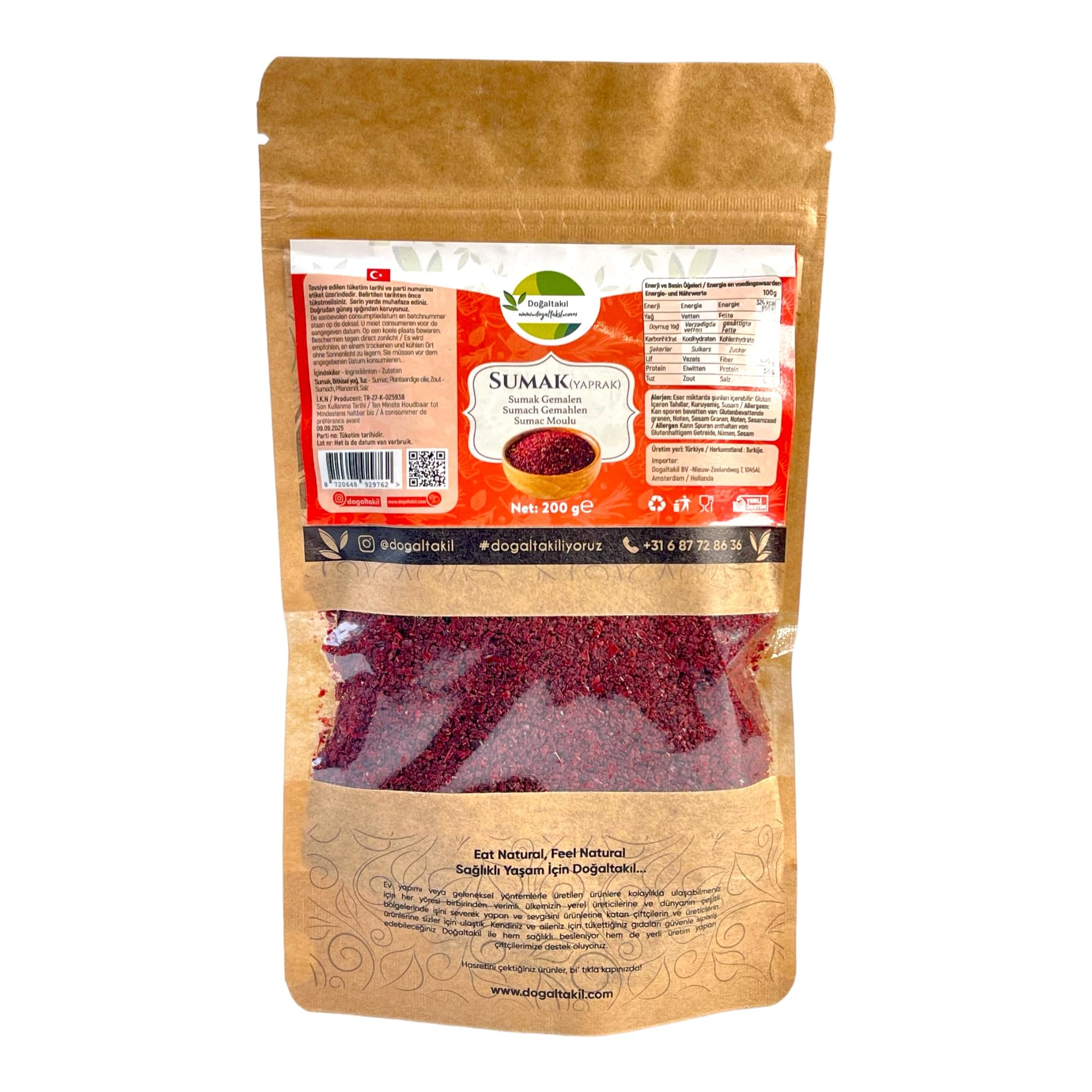 Sumachgewürz, Sumachpulver, gemahlener Sumach, Essigbaumgewürz, leicht getrocknet und gemahlen, veganes Gewürz (200 g)