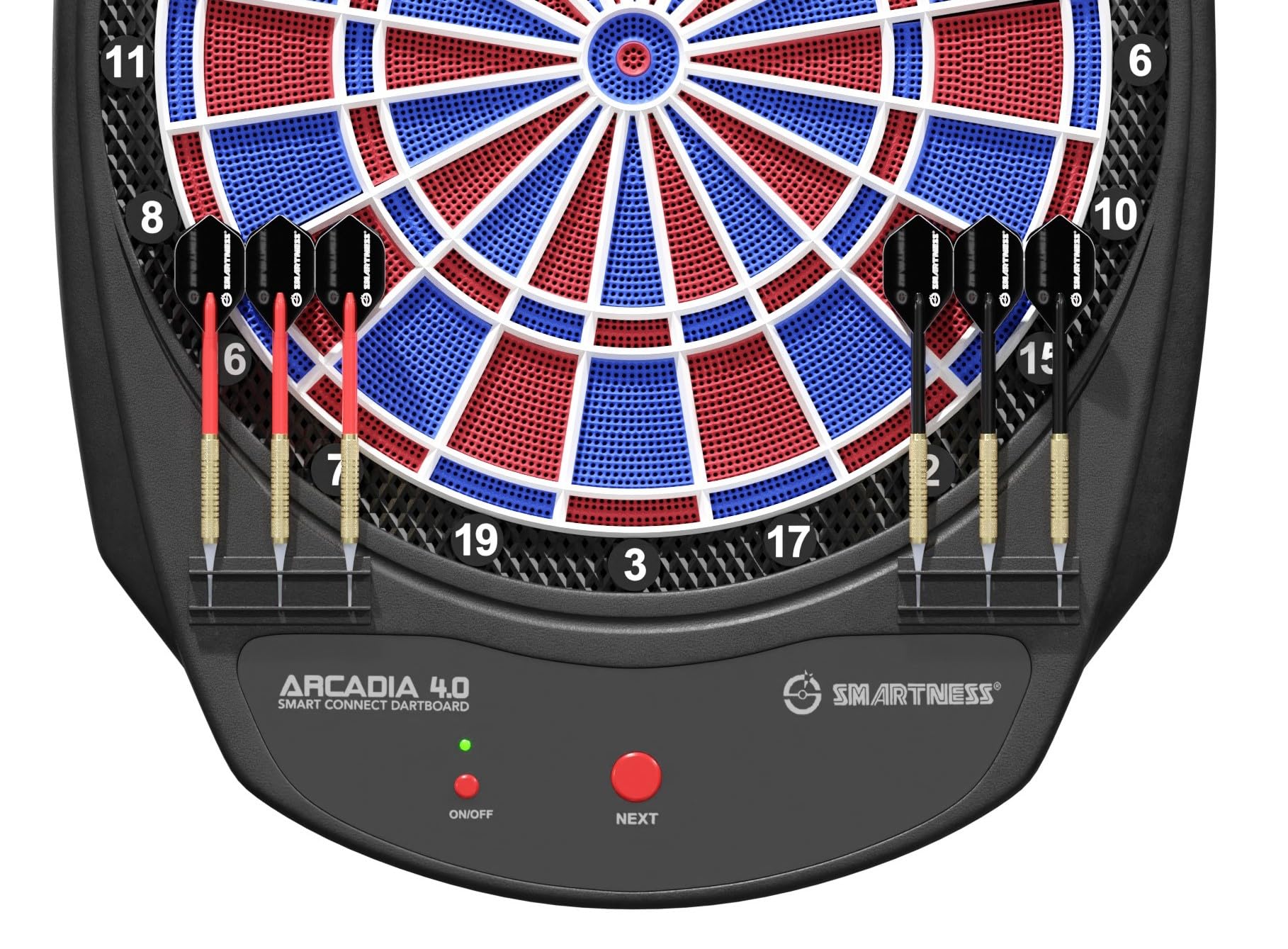 Carromco Smartness Arcadia 4.0 - Diana electrónica Profesional con aplicación, Rojo-Azul, para 1-8 Jugadores, Dardos Blandos, Cable USB, 17 Juegos y 312 Variantes (Incluido el críquet)