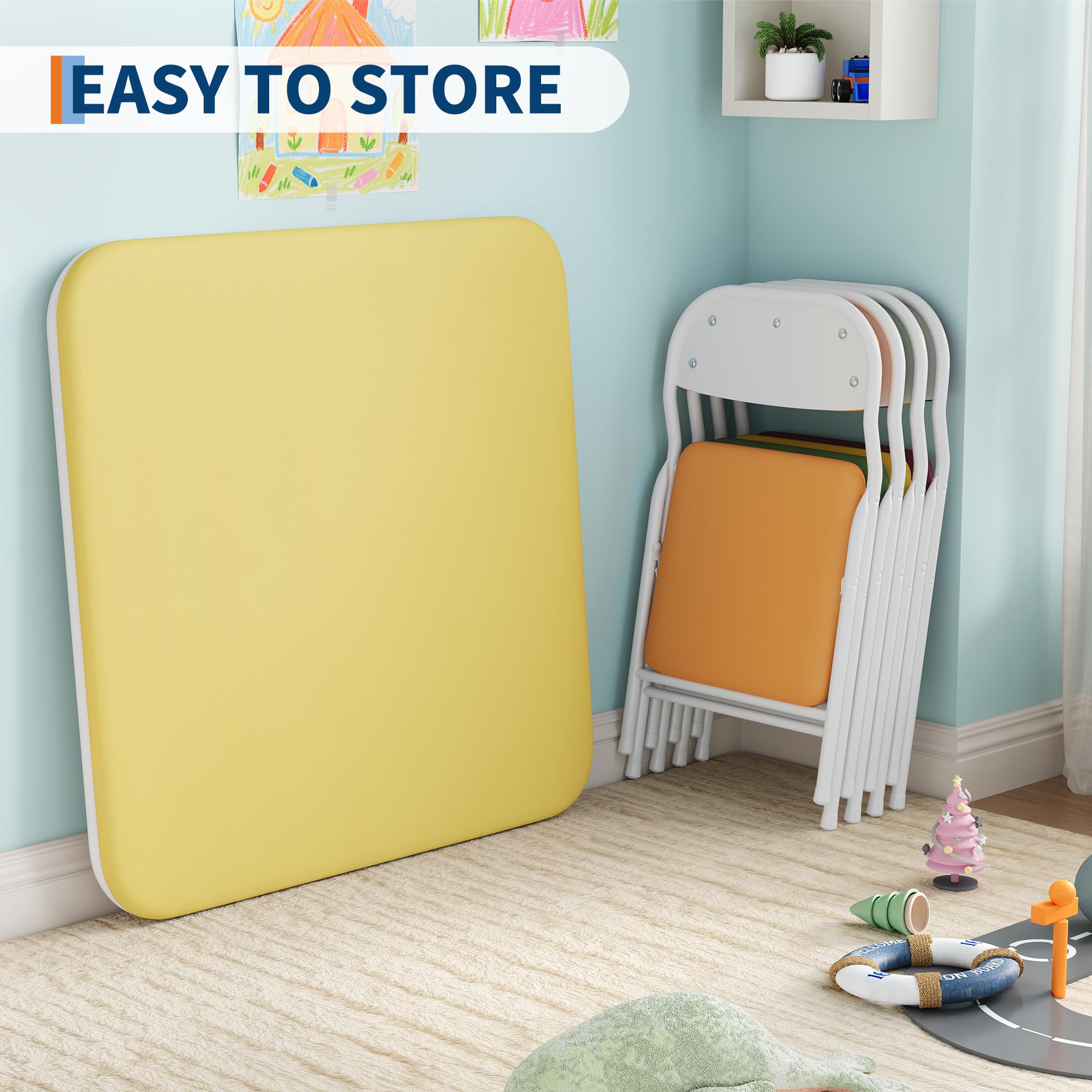 Conjunto Infantil De Mesa y 4 Sillas Plegables, Negro, Acero con Superficie De Cuero PU, Cojines Acolchados, para Jugar, Comer y Aprender