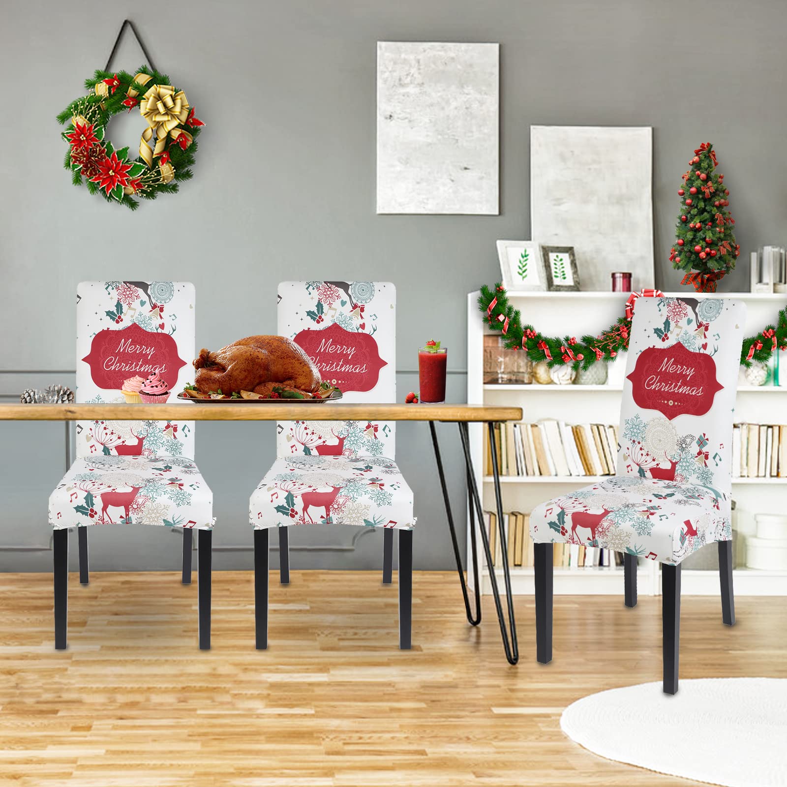 Jaotto Coprisedie Natalizie 6 Pezzi Coprisedia Elasticizzati con Schienale Fodere Coprisedie Universale per Sala da Pranzo Cucina Natale Coprisedia Lavabile Coperture per Sedie,Crema/Natale