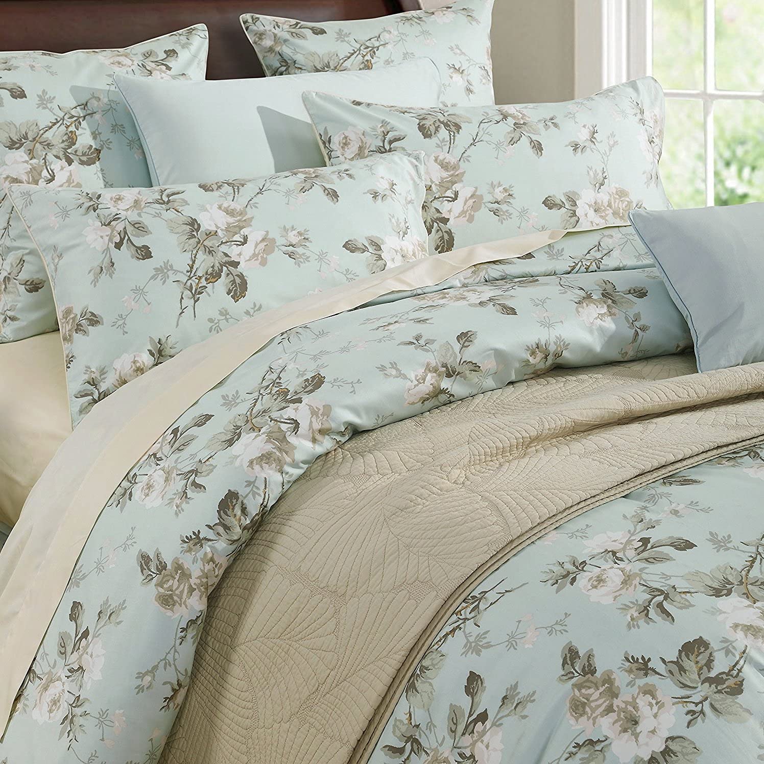 Brandream French Country Garden Toile Floral Printed Duvet Quilt Cover Cotton Bedding Set Asian Style Tapestry Pattern Chinoiserie Peony Blossom Tree Branches Multicolored Design (Queen,Mint Green) - Image 2