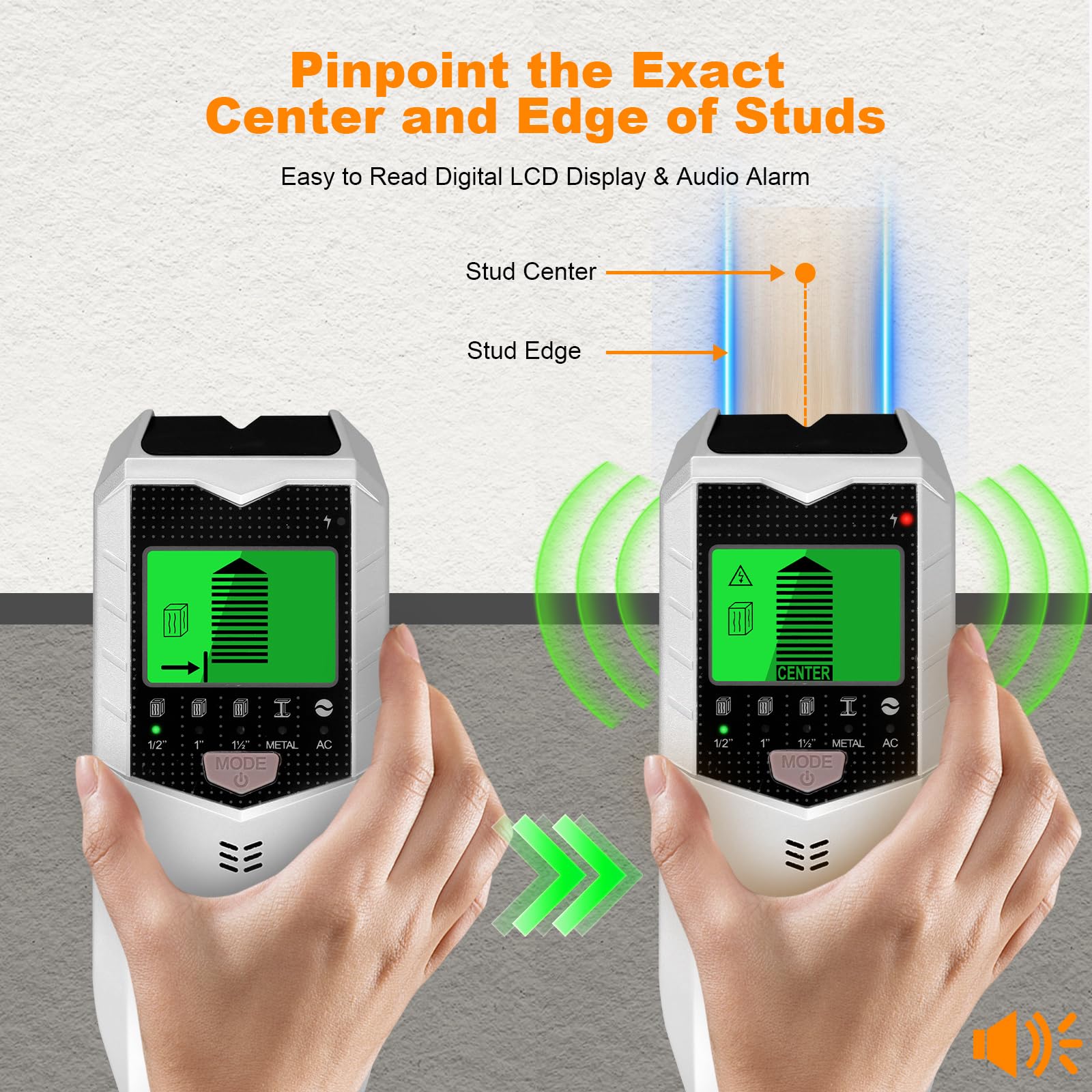 Escáner de pared, detector de pernos 5 en 1 con chip de microprocesador inteligente y pantalla LCD HD, buscadores de haz para centro y borde de madera, cable de CA, viga, metal y tubería,