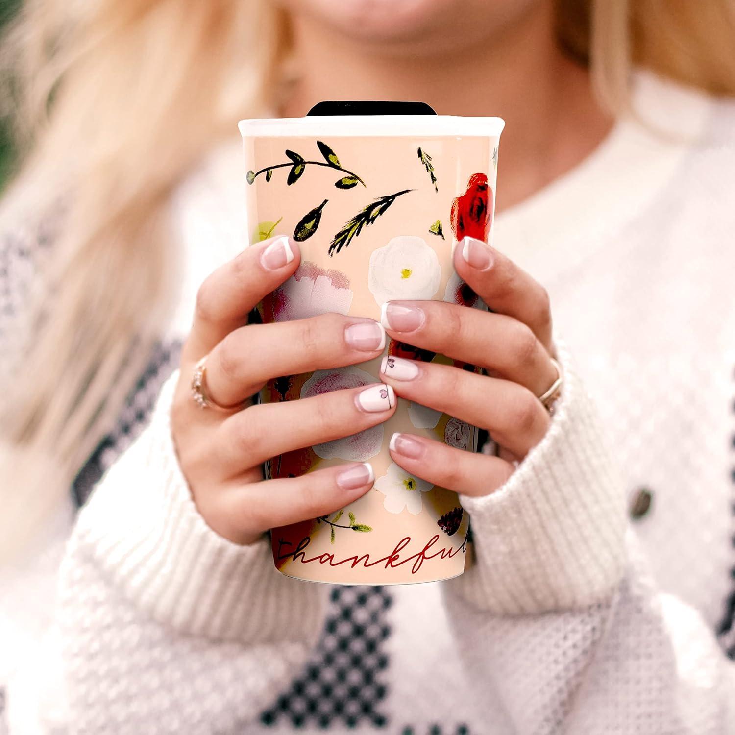 Lighthouse Christian Products Thankful and Blessed 12 ounce Ceramic Stoneware Travel Tumbler Mug, Blush Pink Floral - Image 6