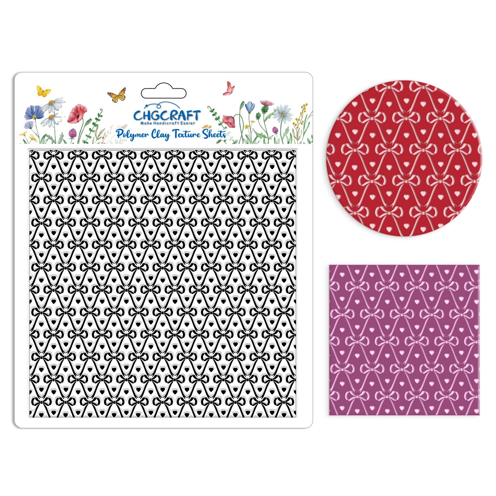 CHGCRAFT Butterfly Polymer Clay Texture Sheets Bow Tie Silicone Texture Stamp Love Heart Clay Texture Mat Modeling Pattern Pad Texture Sheets for Jewelry and Clay Earrings Tools, 5.5x5.5 inch