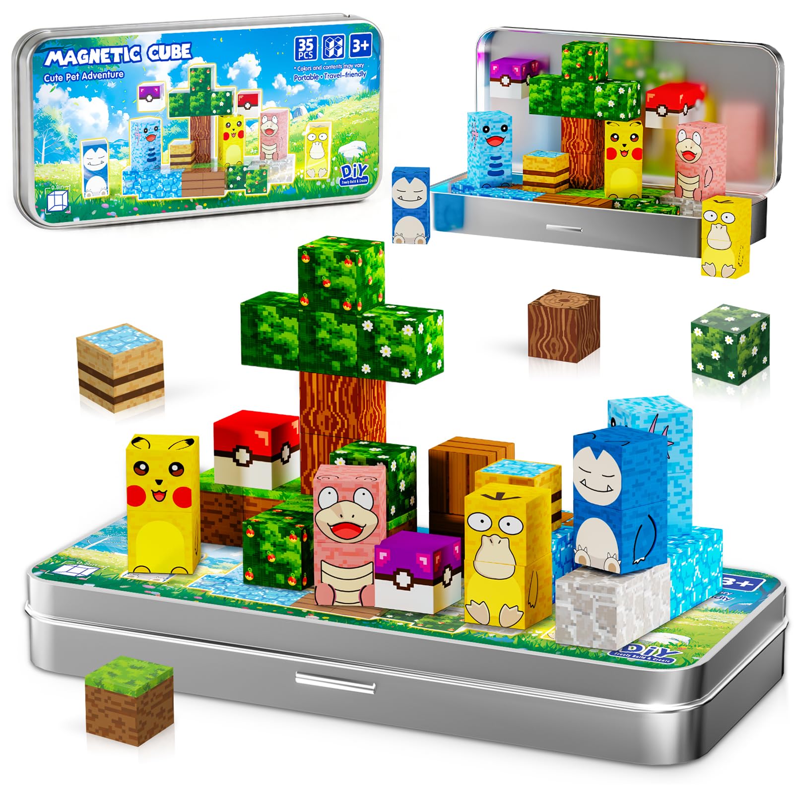 Magnetic Blocks for Kids Toys, 35 Pcs Pet Travel World Magnets Cubes with Iron Box for Car Activities &amp; Road Trips Games - Airplane Essentials STEM Learning Toys for Toddlers Kids Ages 3-8